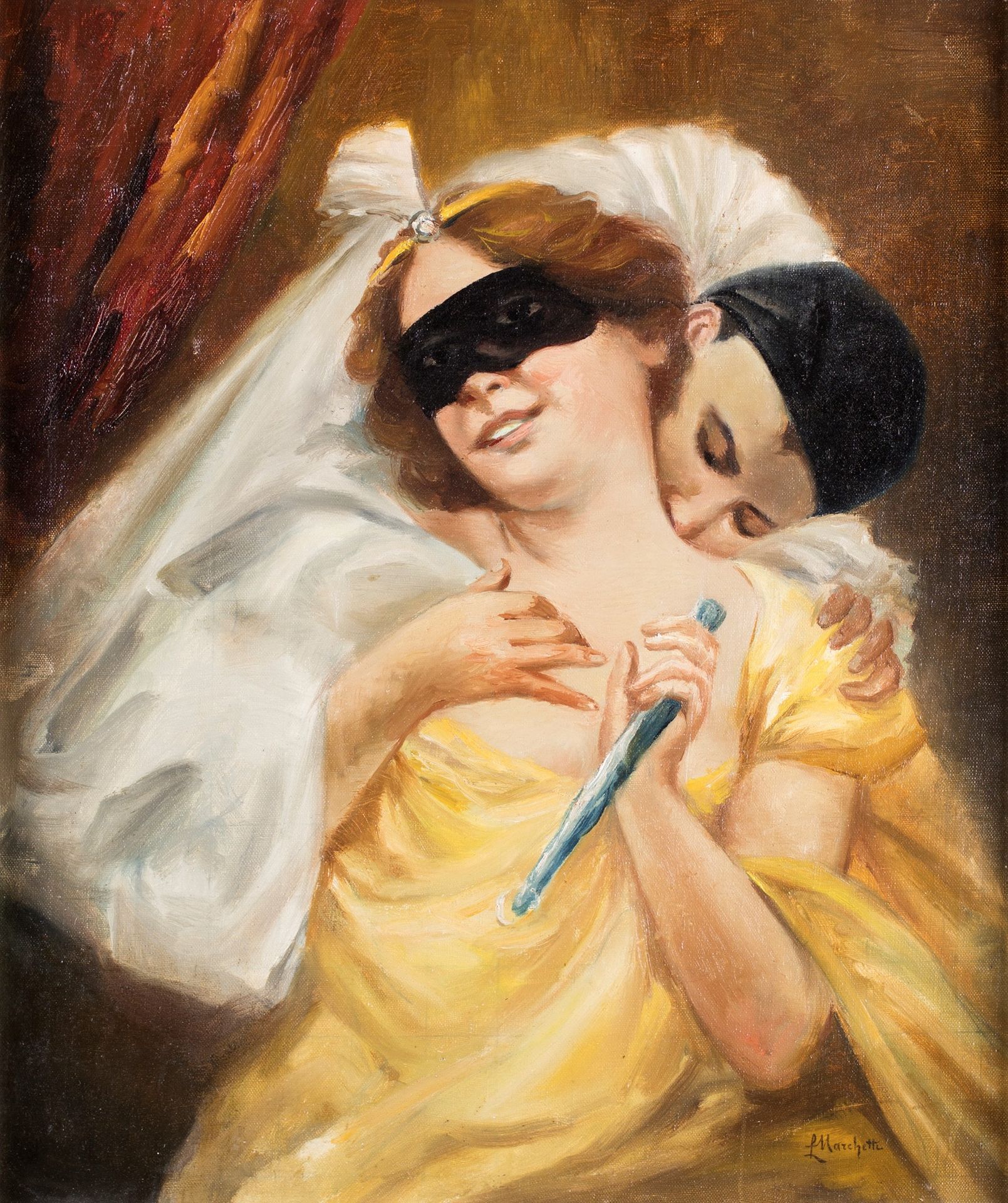 Pittore del XX secolo Colombina and Pulcinella 右下角有签名；布面油画