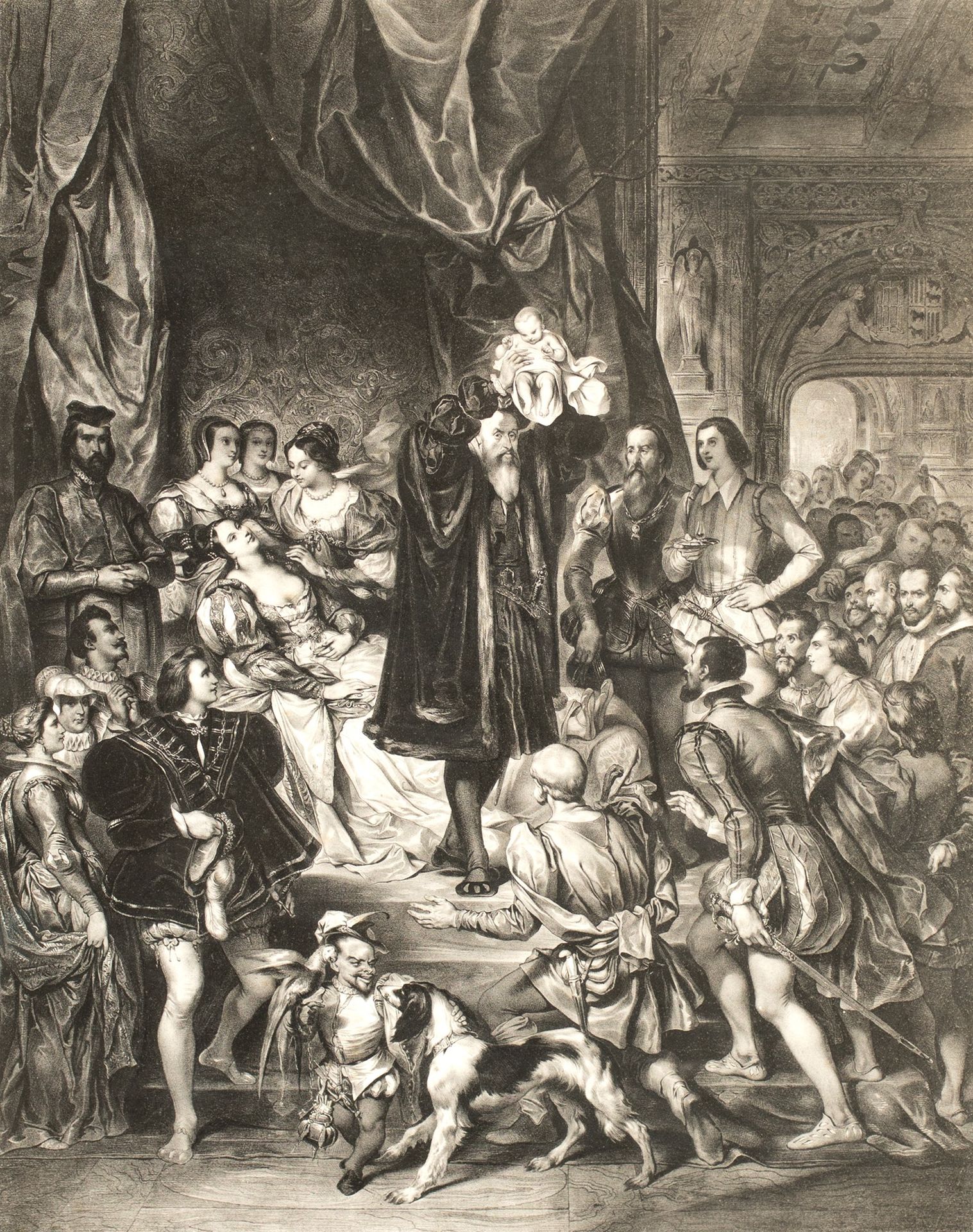The birth of Henry IV nach einem Gemälde von Eugène Déveria aus dem Jahr 1827, g&hellip;