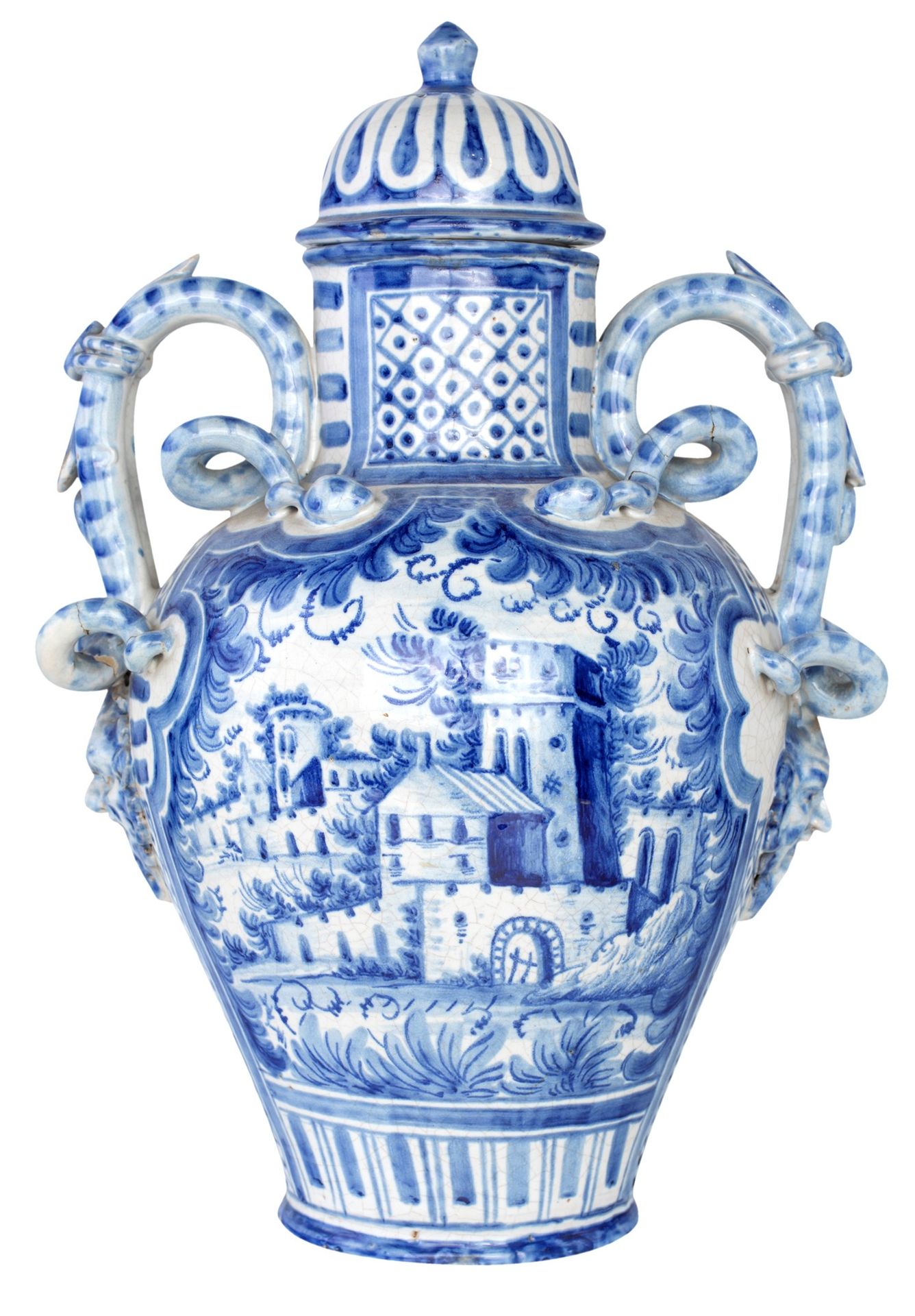 Vase with lid in blue and white porcelain, Savona, 19th century 蛇形把手从面具中出现，圆顶盖；正&hellip;