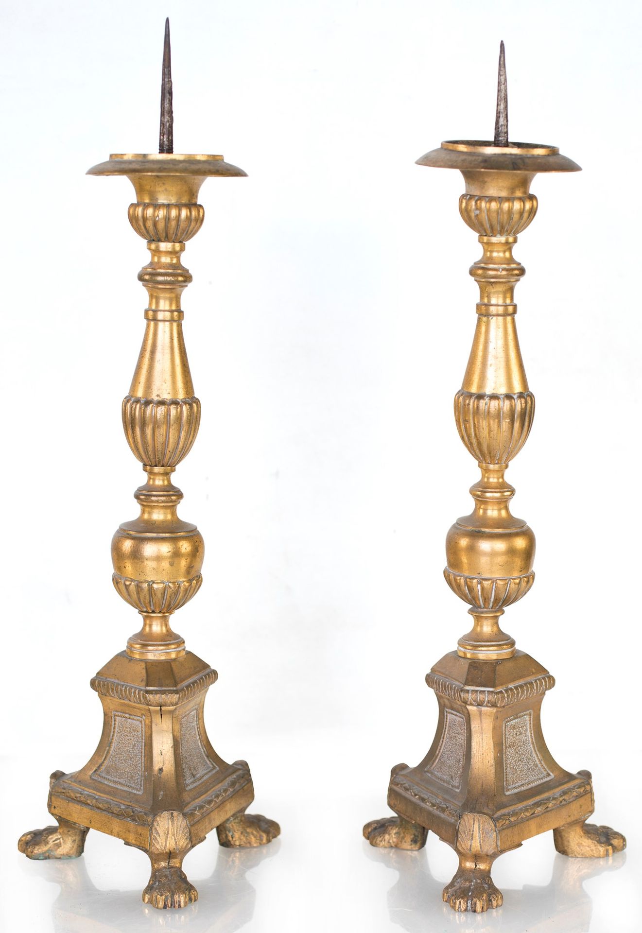 Pair of small gilt bronze torches, late 18th century with a baluster-shaped trun&hellip;