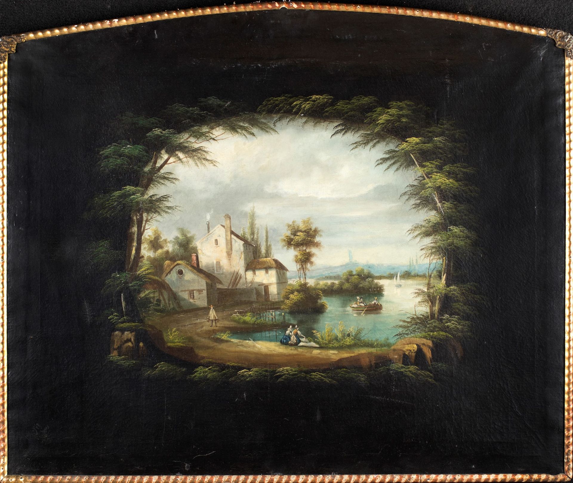Pittore del XIX secolo Landscape au-dessus de la porte ; peinture à l'huile sur &hellip;
