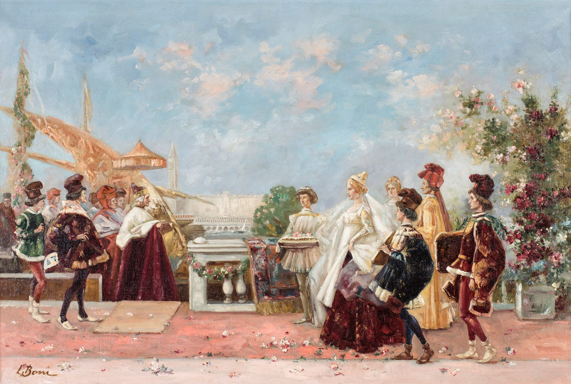 Pittore fine del XIX secolo Marriage 左下角有签名：L. Boni；布面油画