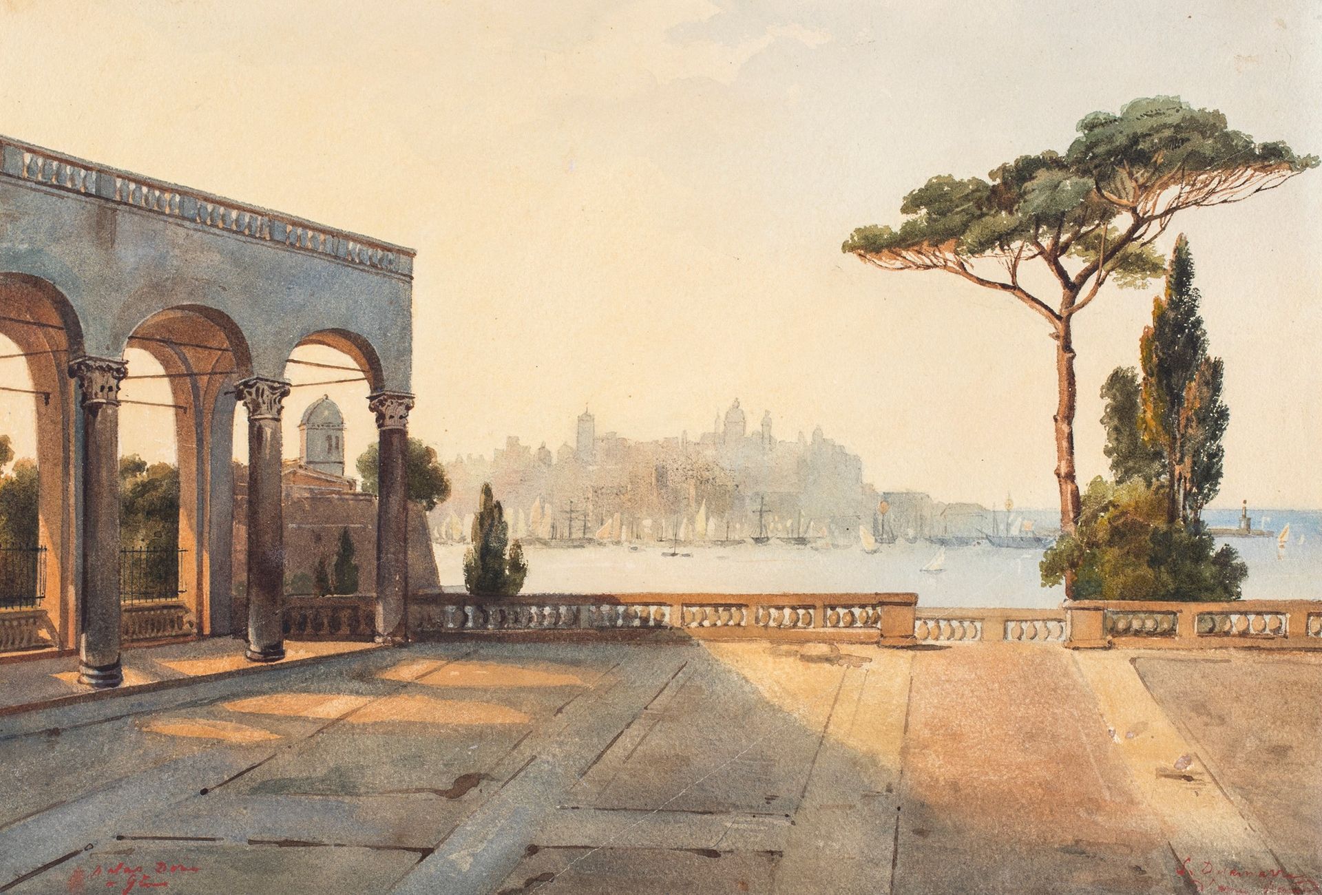 Pittore del XIX secolo View of Genoa from Palazzo Doria 它的右下角和左下角有红色的铭文，无法完全破译