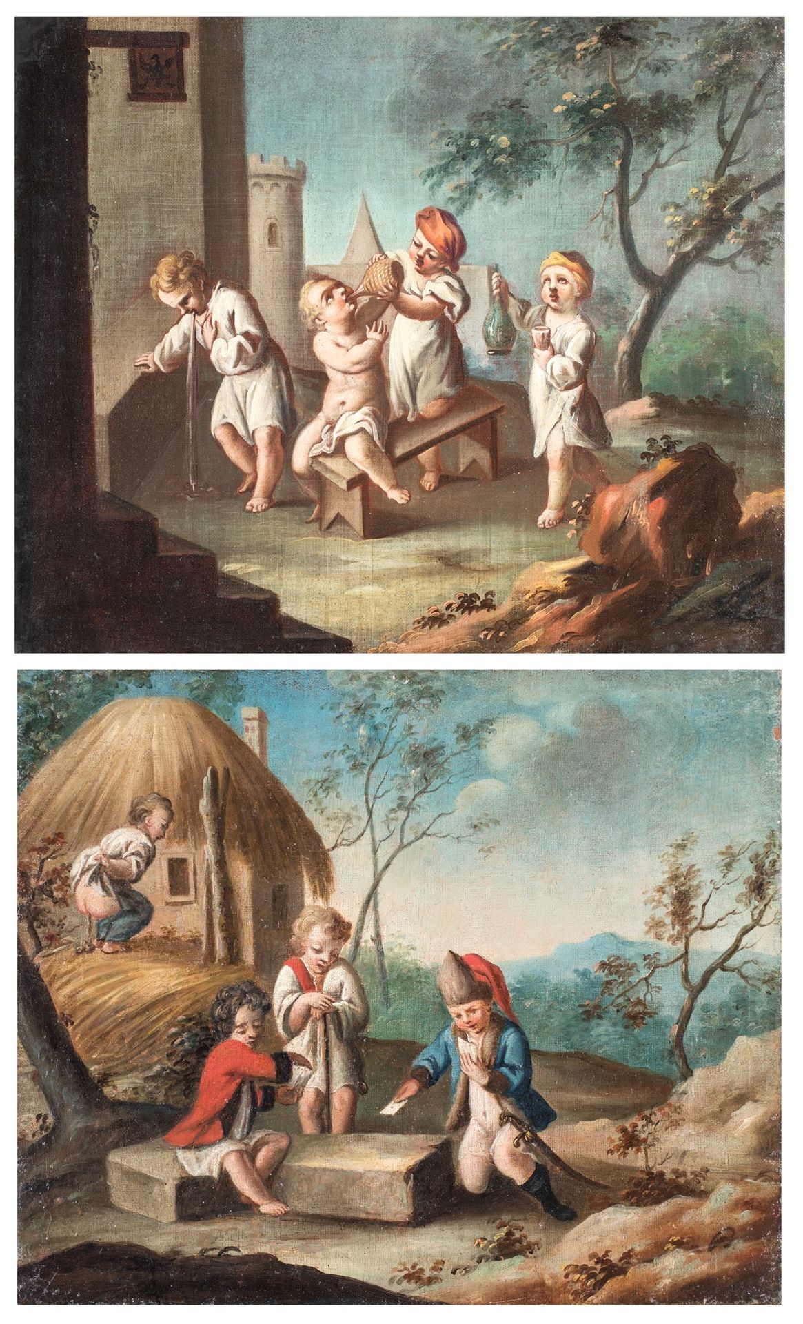 Scuola Piemontese del XVIII secolo a) Card players b) Bamboccianti brats Paire d&hellip;