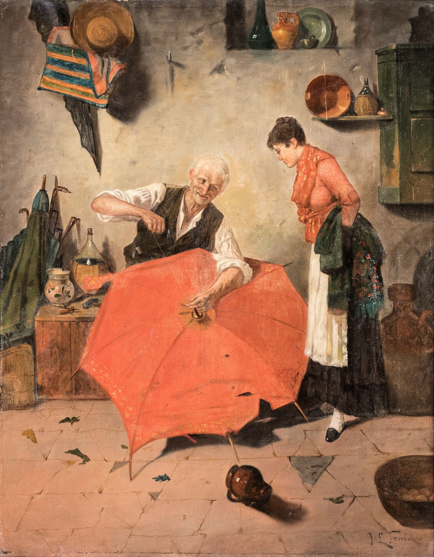 Pittore del XIX secolo The umbrella maker's shop 右下角有签名：J.L. Tonin
