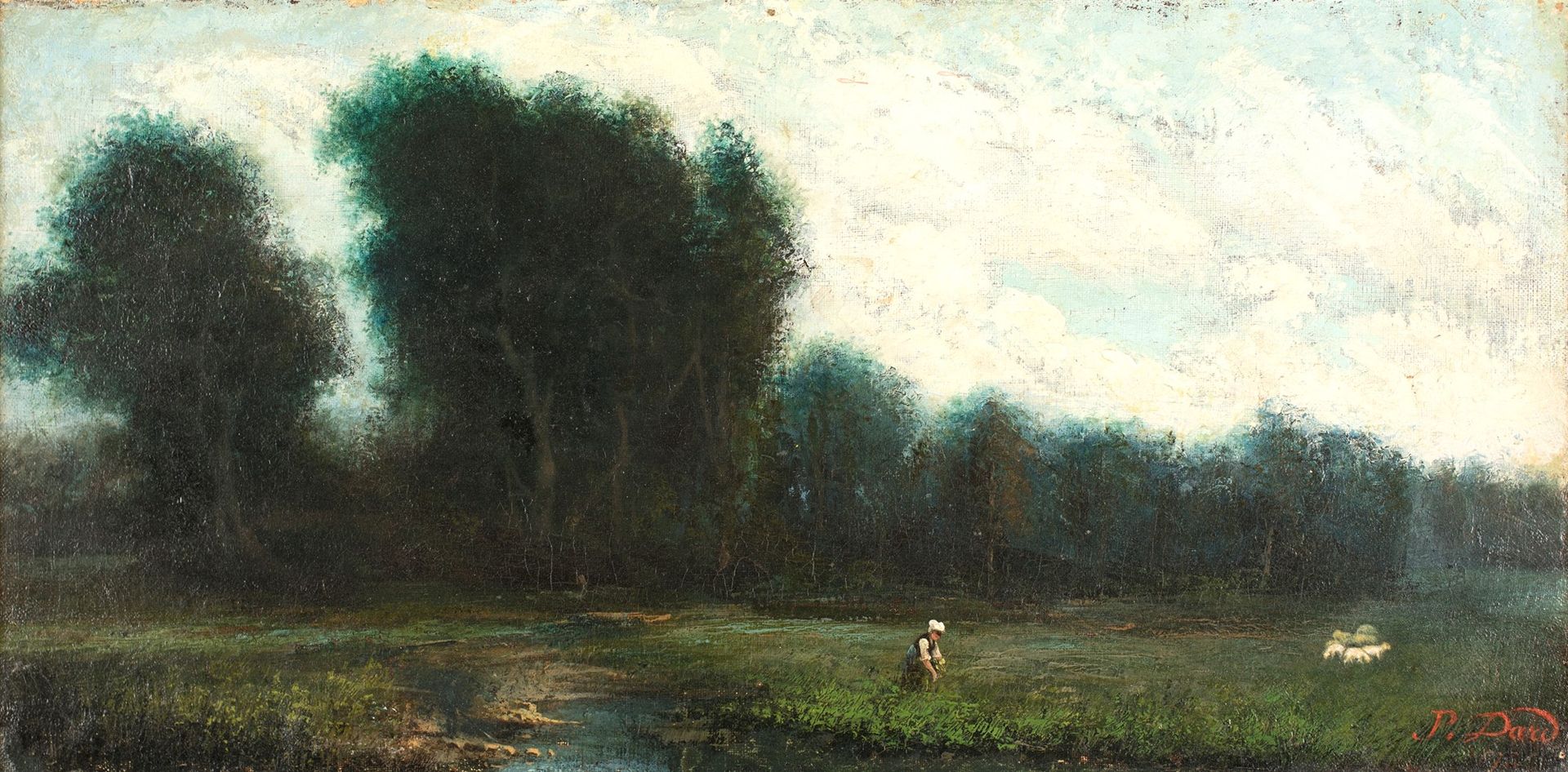 Gustave Pétrequin-Dard Landscape with flock 右下方有签名：P. Dard