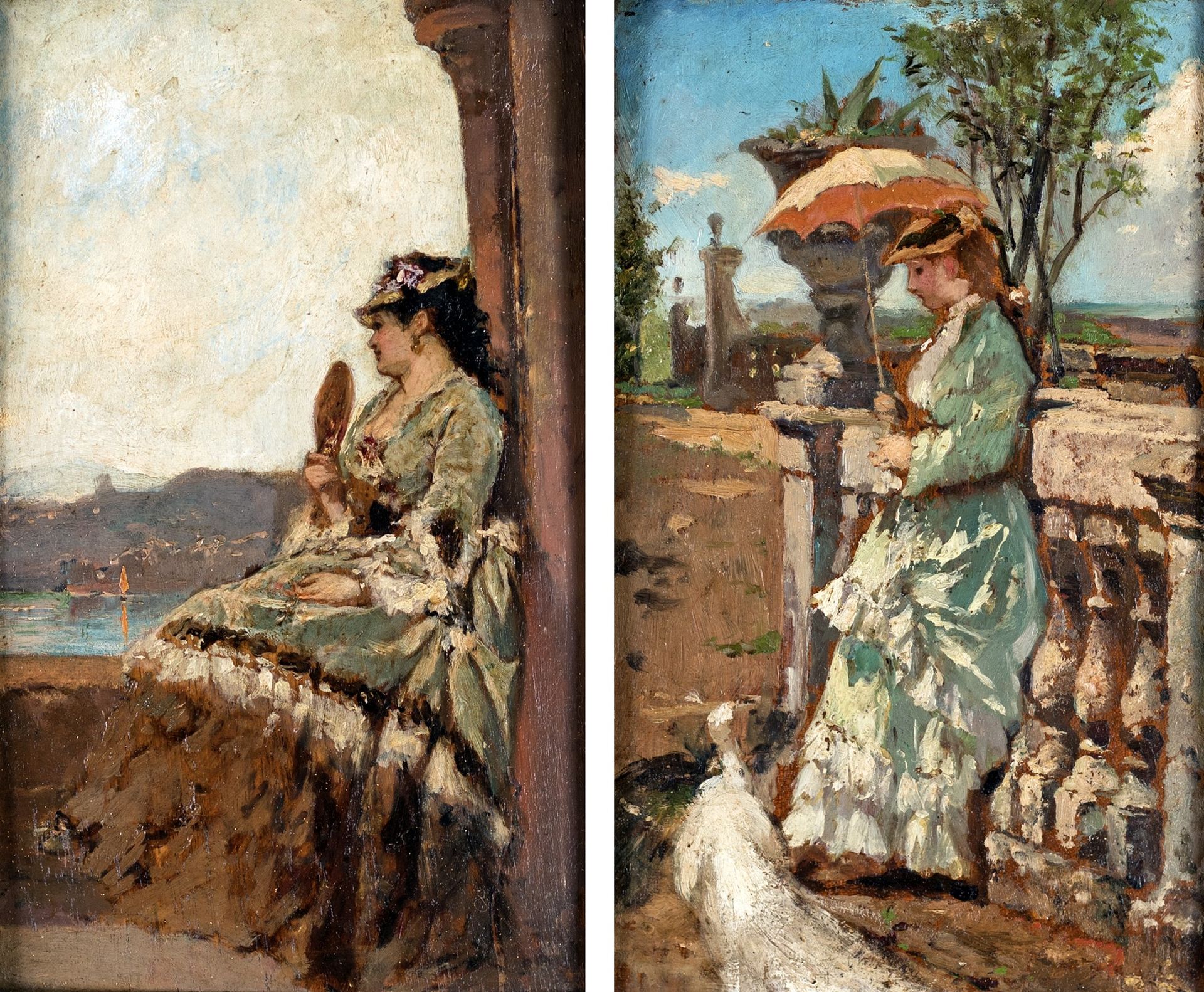 Scuola Europea del XIX secolo a) Female figure with umbrella b) Woman with fan R&hellip;
