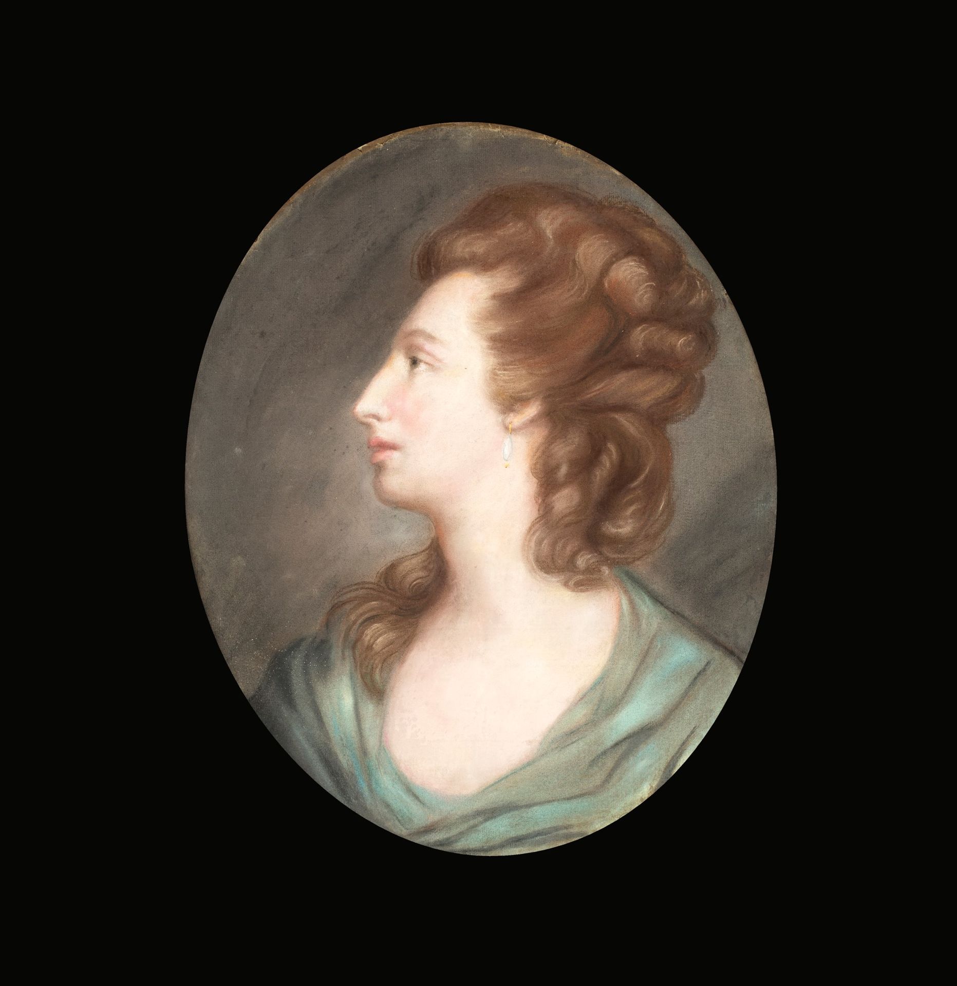 Pittore del XIX/XX secolo Profile of a woman with teardrop earrings cadre en boi&hellip;