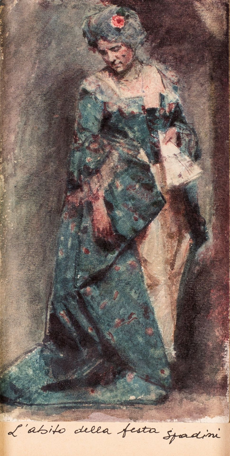 Pittore del XIX secolo The party dress 正面用墨水写着：党的衣服，斯帕迪尼；纸上水彩，贴在纸板上