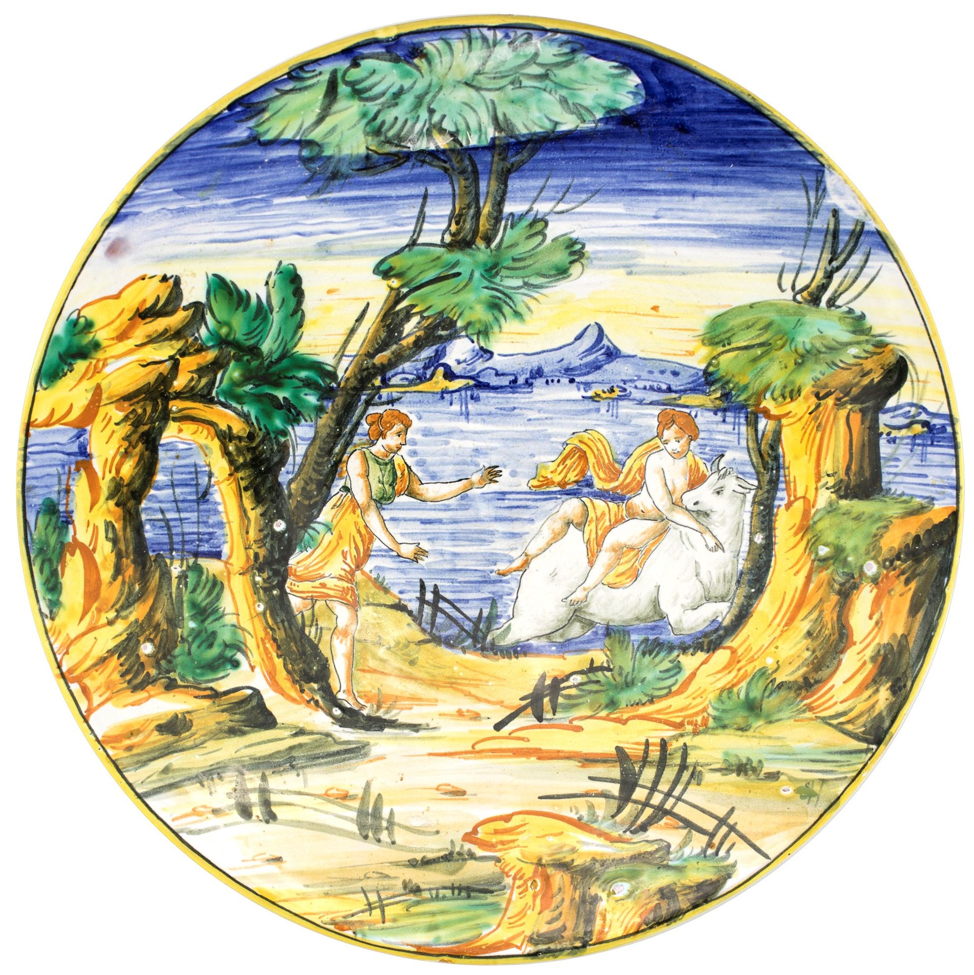 Castelli ceramic plate decorated with a landscape with a figure of Europe in the&hellip;