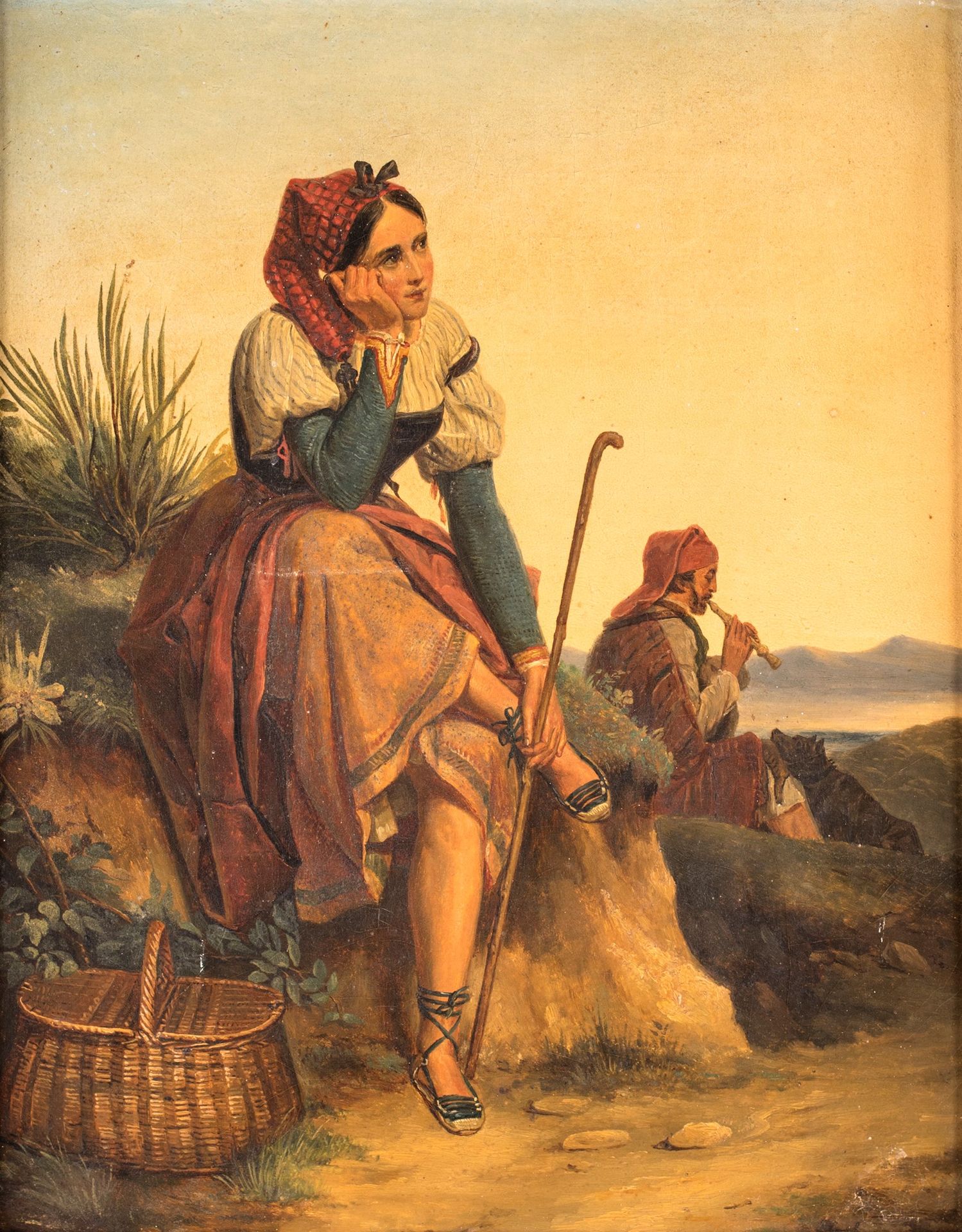 Pittore del XIX secolo Shepherdess Peinture à l'huile sur toile