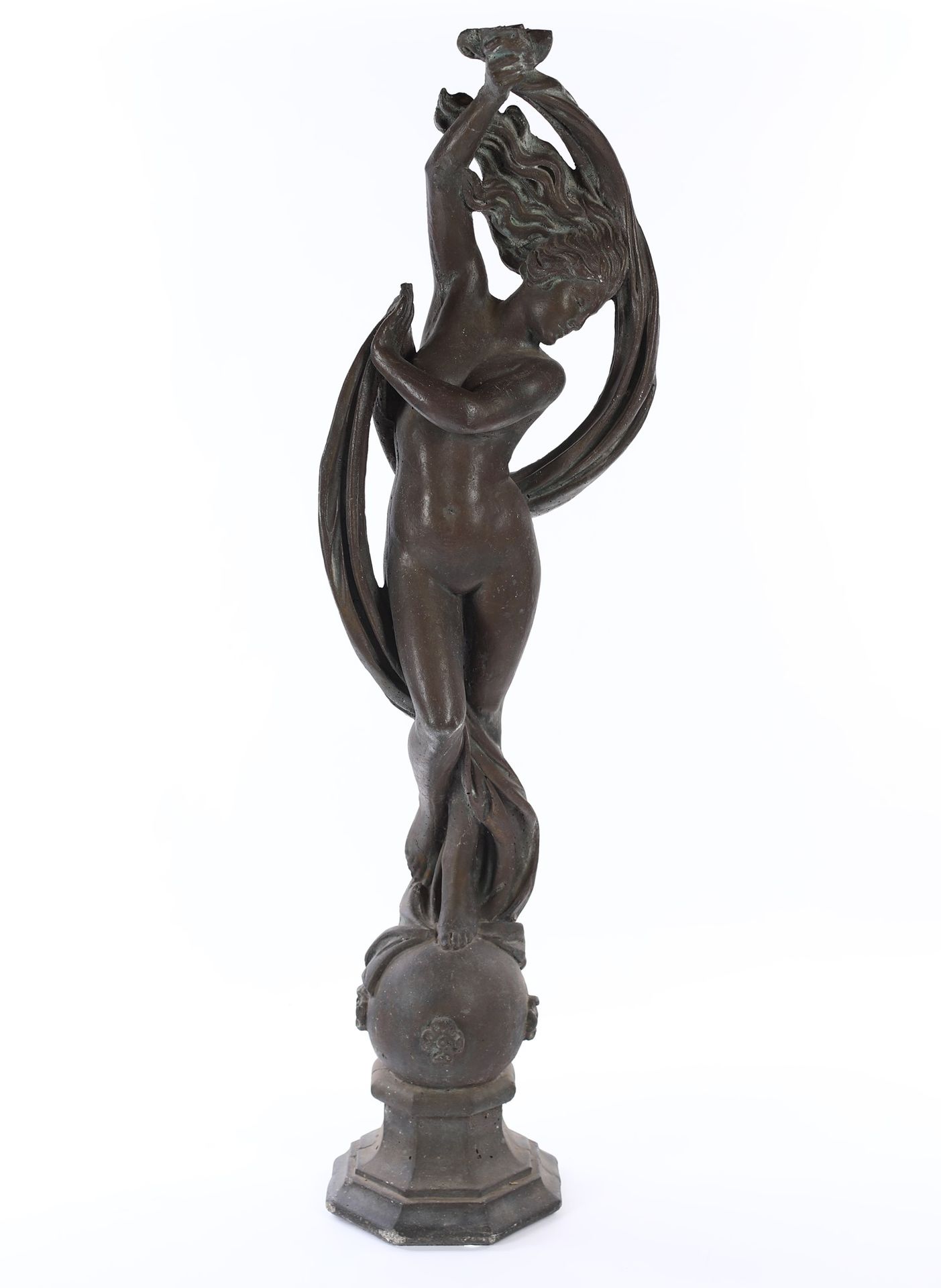 Cement statue depicting Naiad patinated in imitation of burnished bronze