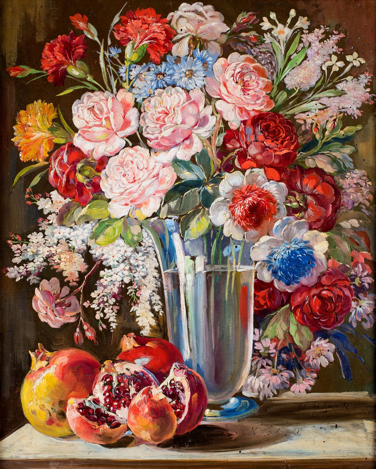 Pittore del XIX/XX secolo Vase of flowers and pomegranates on the floor Frame in&hellip;