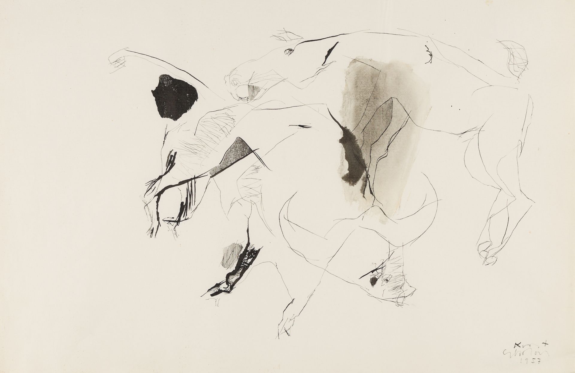 Absolon, Kurt 牛和马, 1957年
纸上水墨
下面有签名和日期
32 x 37,5 cm
已装裱
库尔特-阿布杜尔，尽管他的生命和艺术生涯都很短暂&hellip;