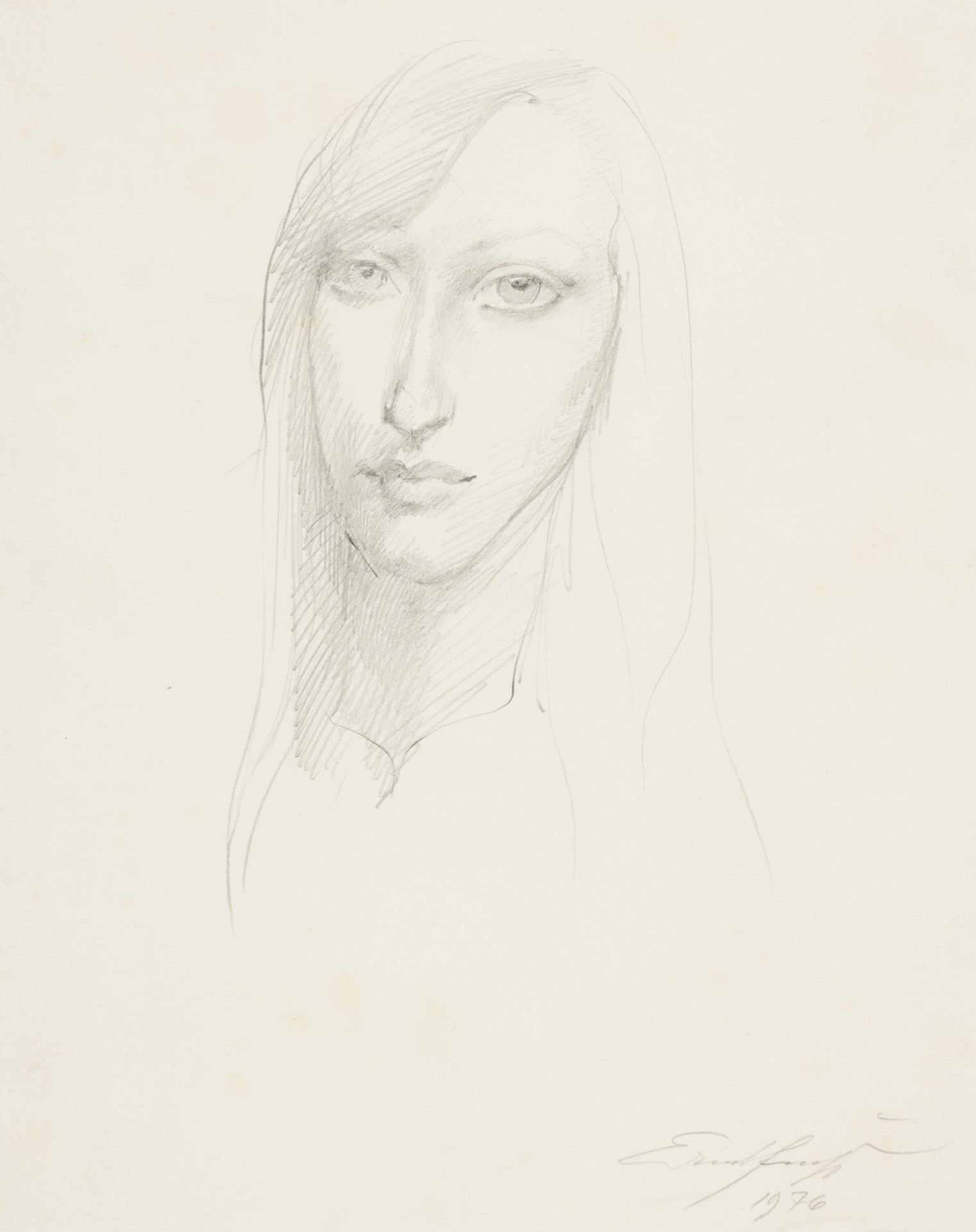 Fuchs, Ernst 肖像，1976年
纸上石墨
右下方有签名和日期
未打开的装裱：34 x 27 cm
有框架的