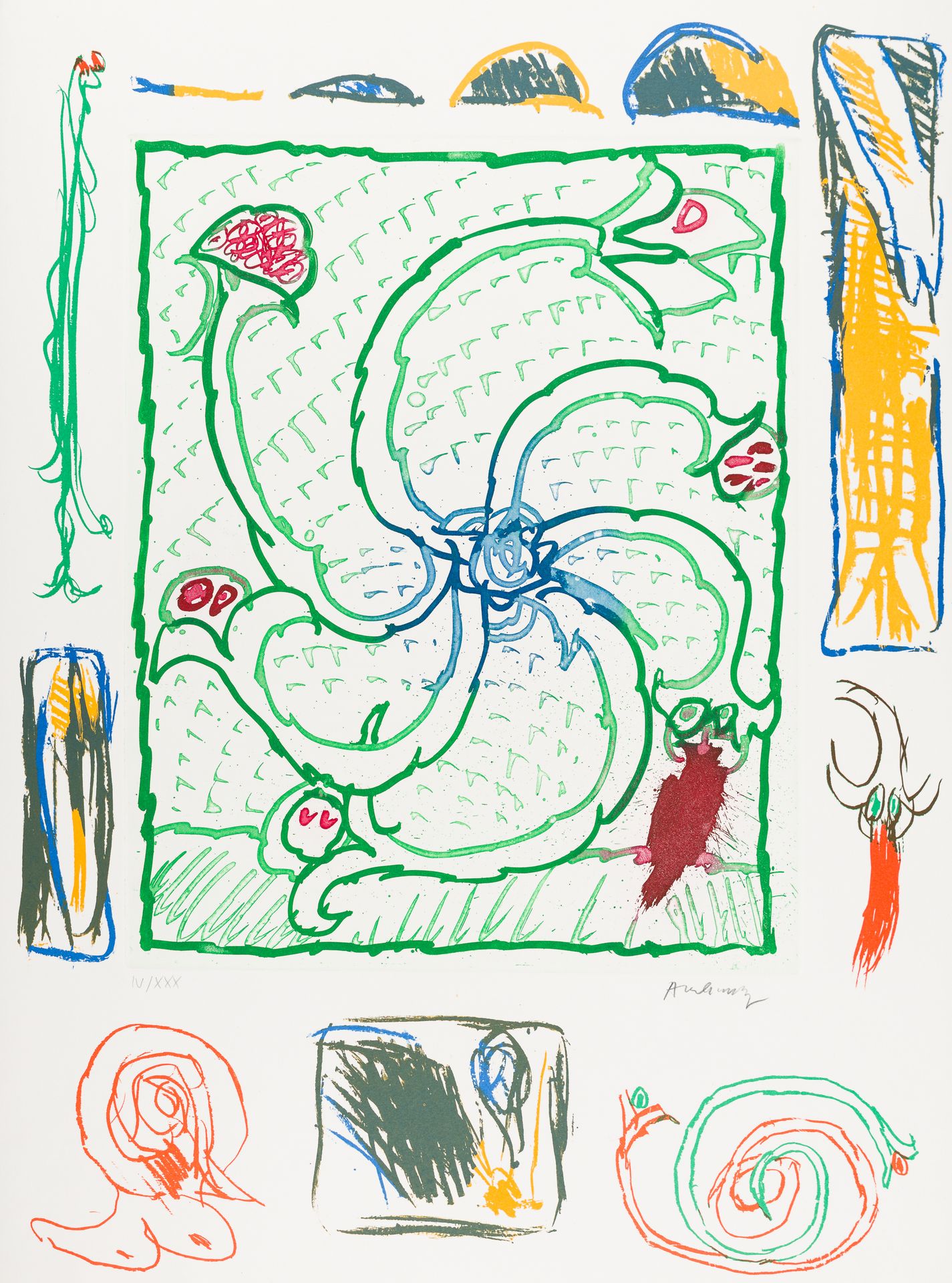 Alechinsky, Pierre "Roue sans jante"，印自《向毕加索致敬》（第三卷），1972年
瓦楞纸上的彩色水印和胶版画。
右下方有签名&hellip;