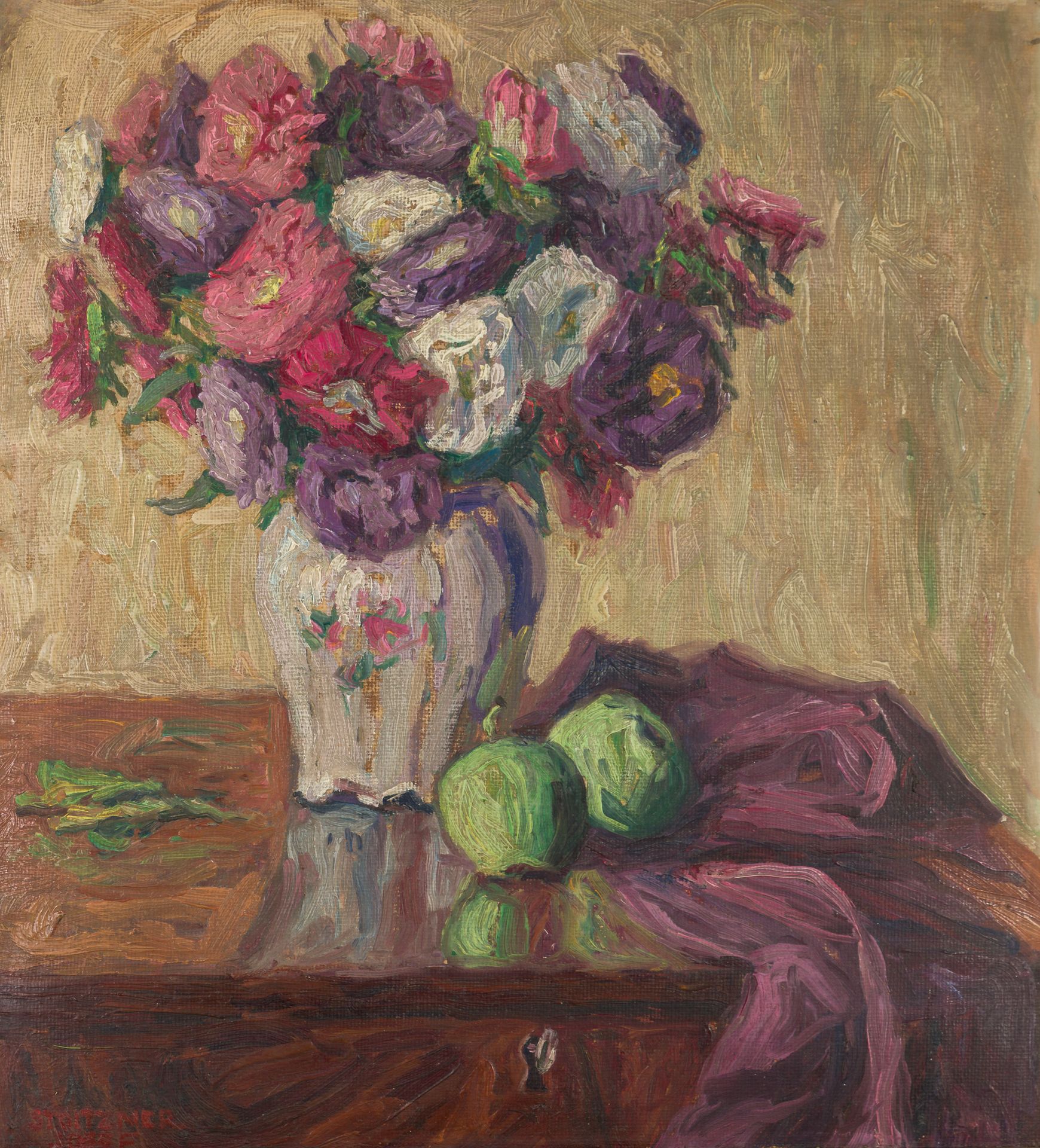 Stoitzner, Josef 花卉静物
木板上的油画
右下方有签名 
55,5 x 49,5 cm
带框，原框
约瑟夫-斯托伊茨纳（1884-1951）曾在&hellip;