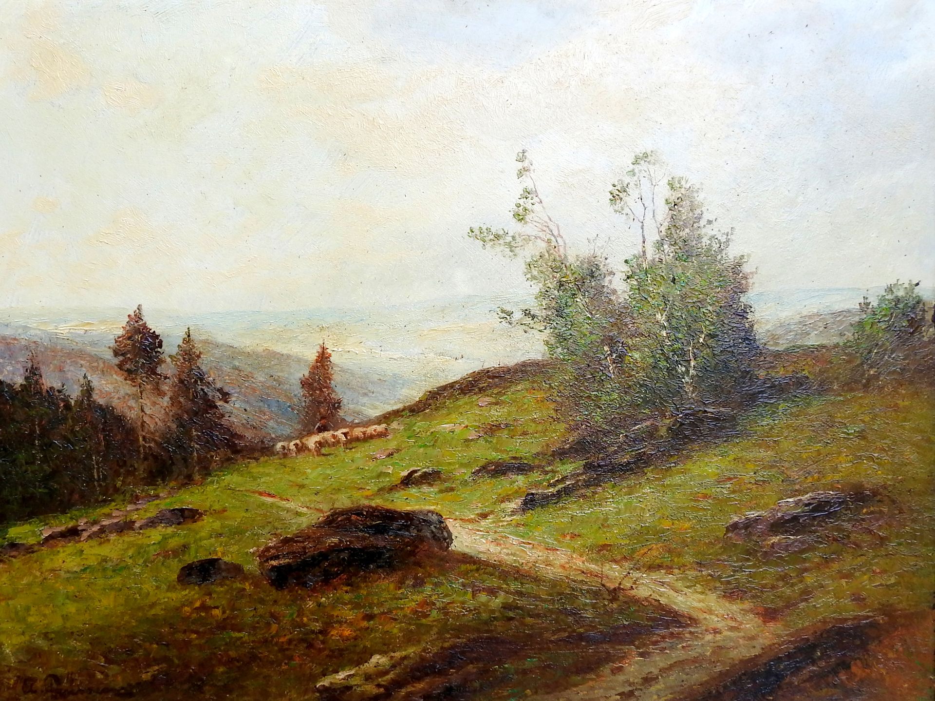 Clemens Prüssen, 1888 Köln - 1966 ebenda 油/硬板。在广阔的风景中放牧的羊群。左下方有签名。状况良好。德国，20世纪，高&hellip;