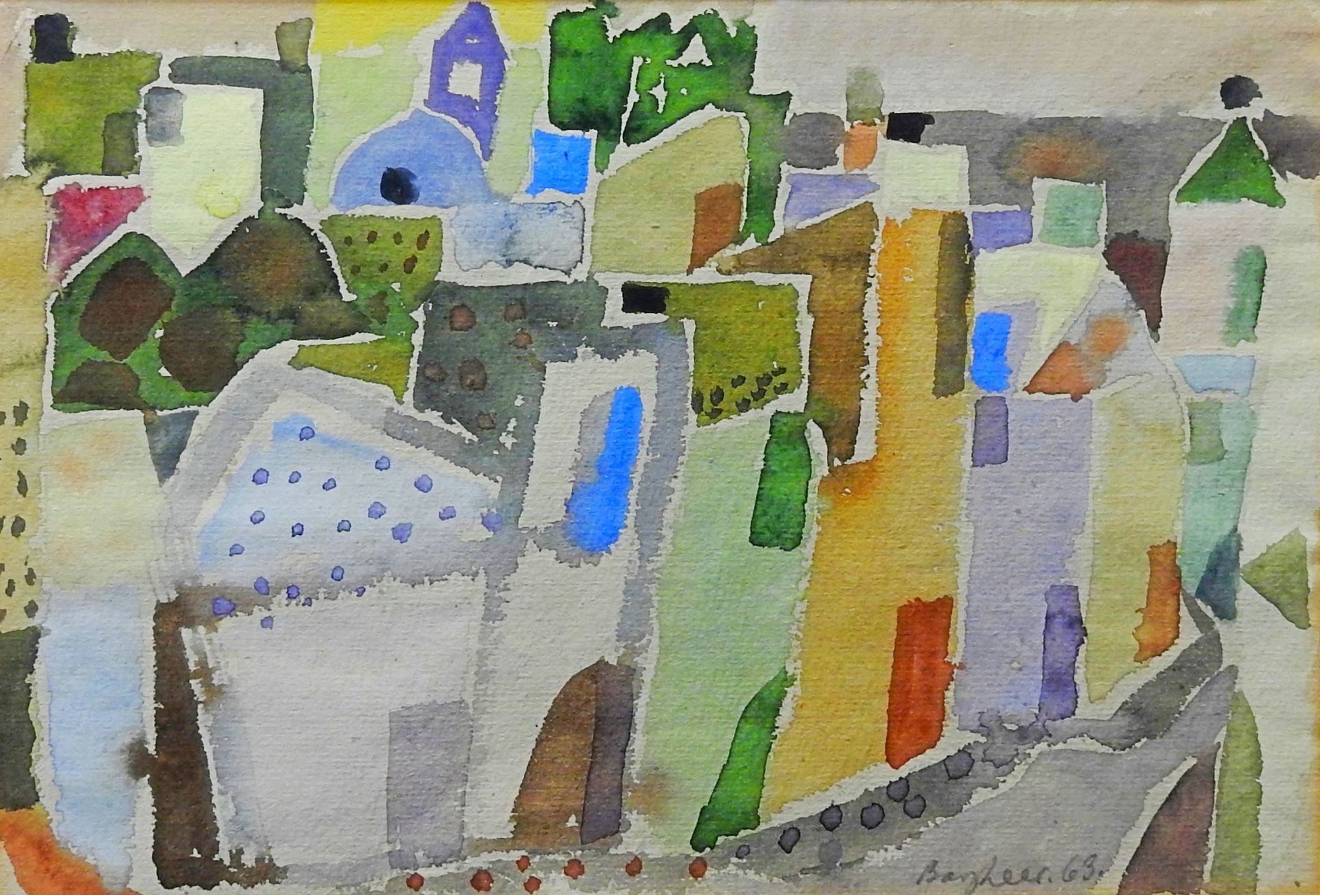 Eduard Bargheer, 1901 Hamburg - 1979 Hamburg 水彩/纸。南方的村庄街道。浅蓝色和绿色调的水彩。巴格希尔受到表现主义的&hellip;