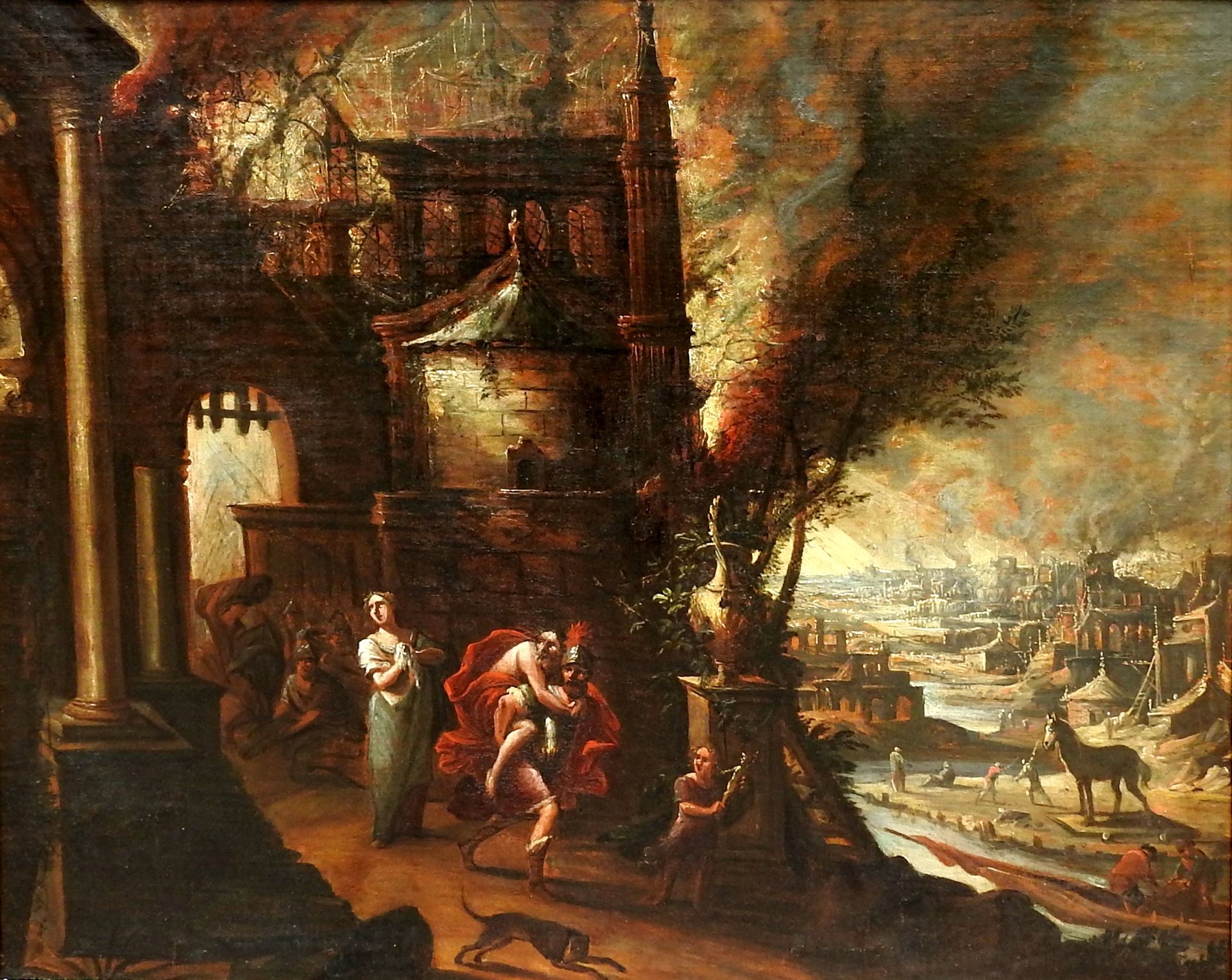 Flucht aus Troja 油/帆布。弗拉芒大师的这幅画的前景是埃涅阿斯与他的父亲安奇斯（他肩上扛着安奇斯）、他的儿子阿斯卡尼乌斯和他的妻子克鲁萨逃离特洛&hellip;