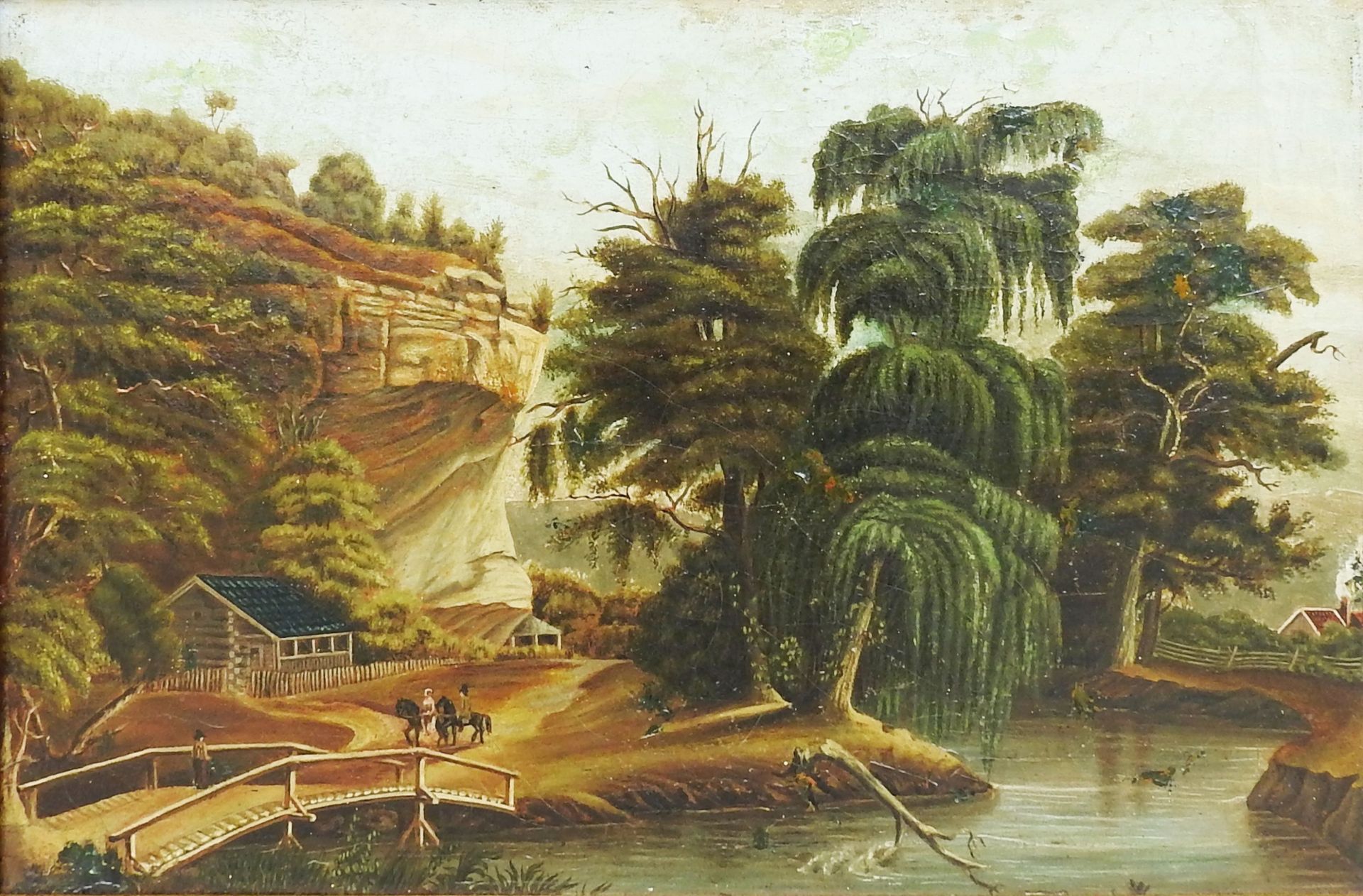 Romantische Flusslandschaft 油/画在木头上的双倍。这幅画展示了河岸向右移动的景色。在前景中，一座桥通往河上。左边有一间小屋，躲在陡峭&hellip;