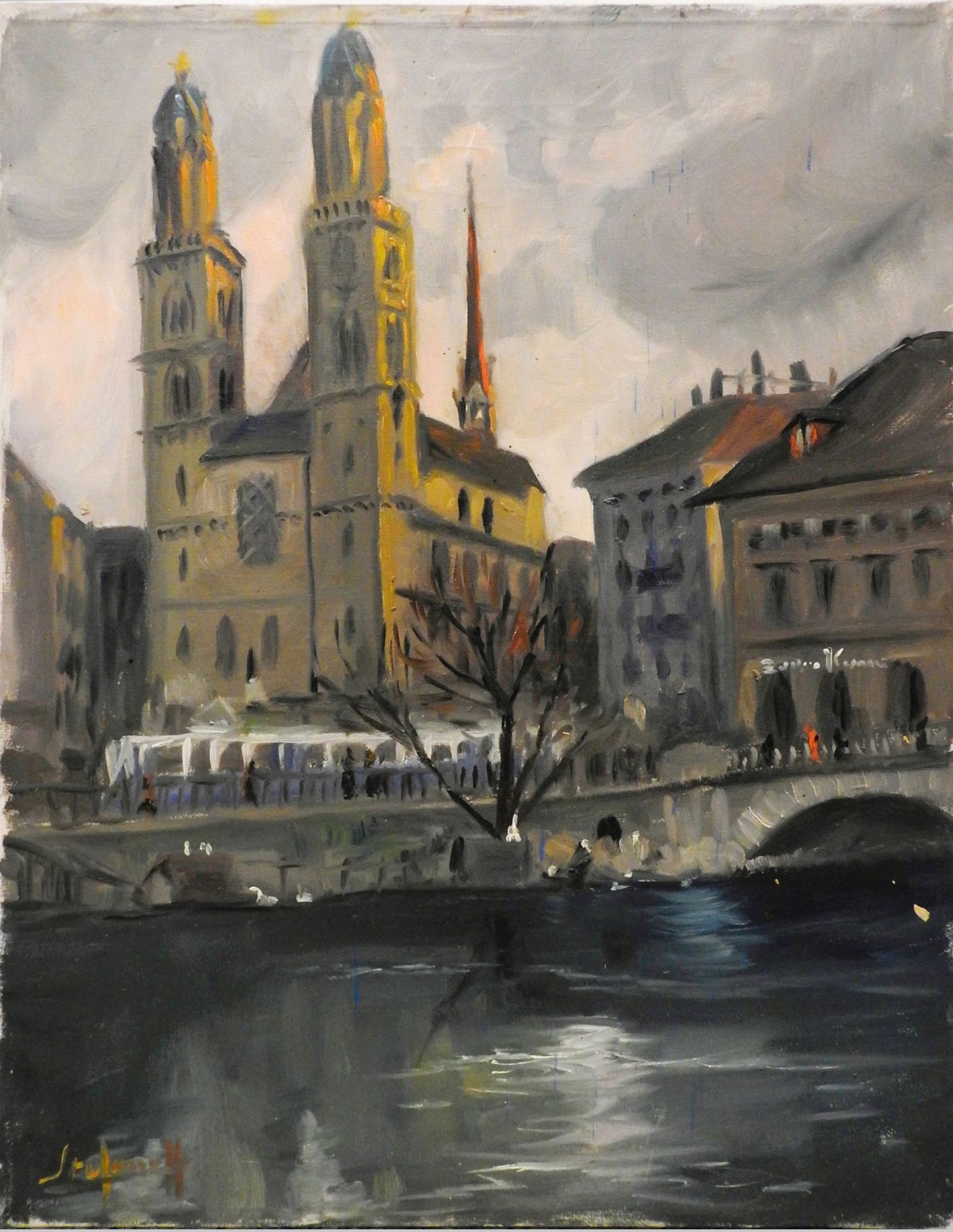 Demetrio Stefanoff Huile/toile. Vue d'une église depuis une rivière. Signé en ba&hellip;