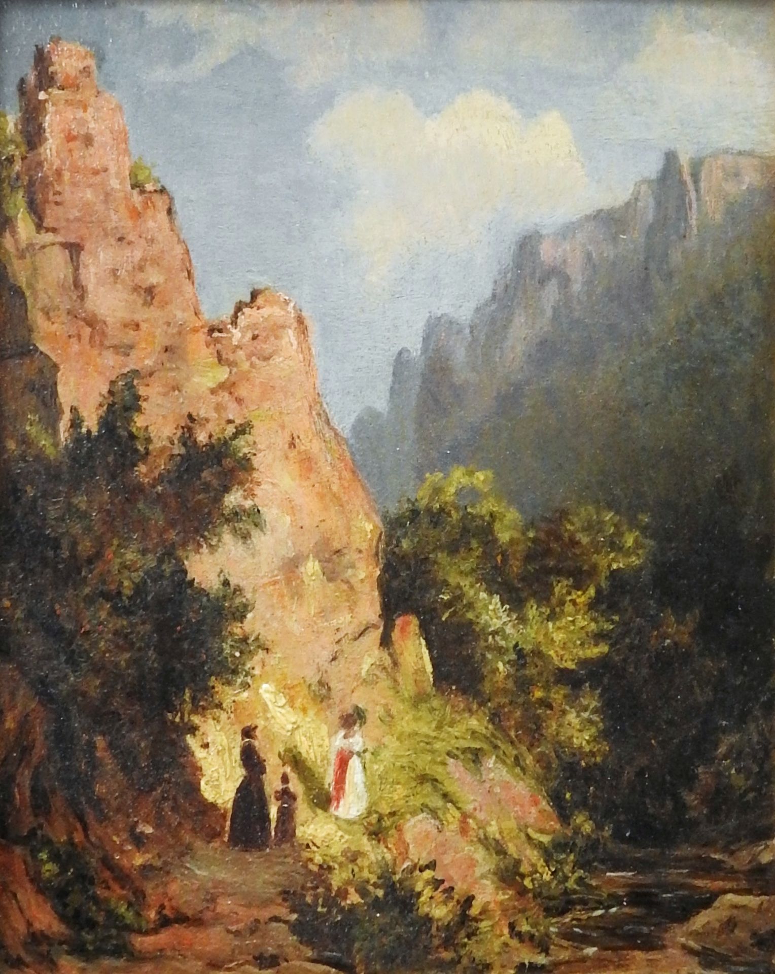 Idyllischer Spaziergang im Gebirge 油画/薄壁画纸板，纸板上的双倍。这幅小幅作品展示了两个女人和一个小孩在岩石峡谷脚下欢快的、&hellip;