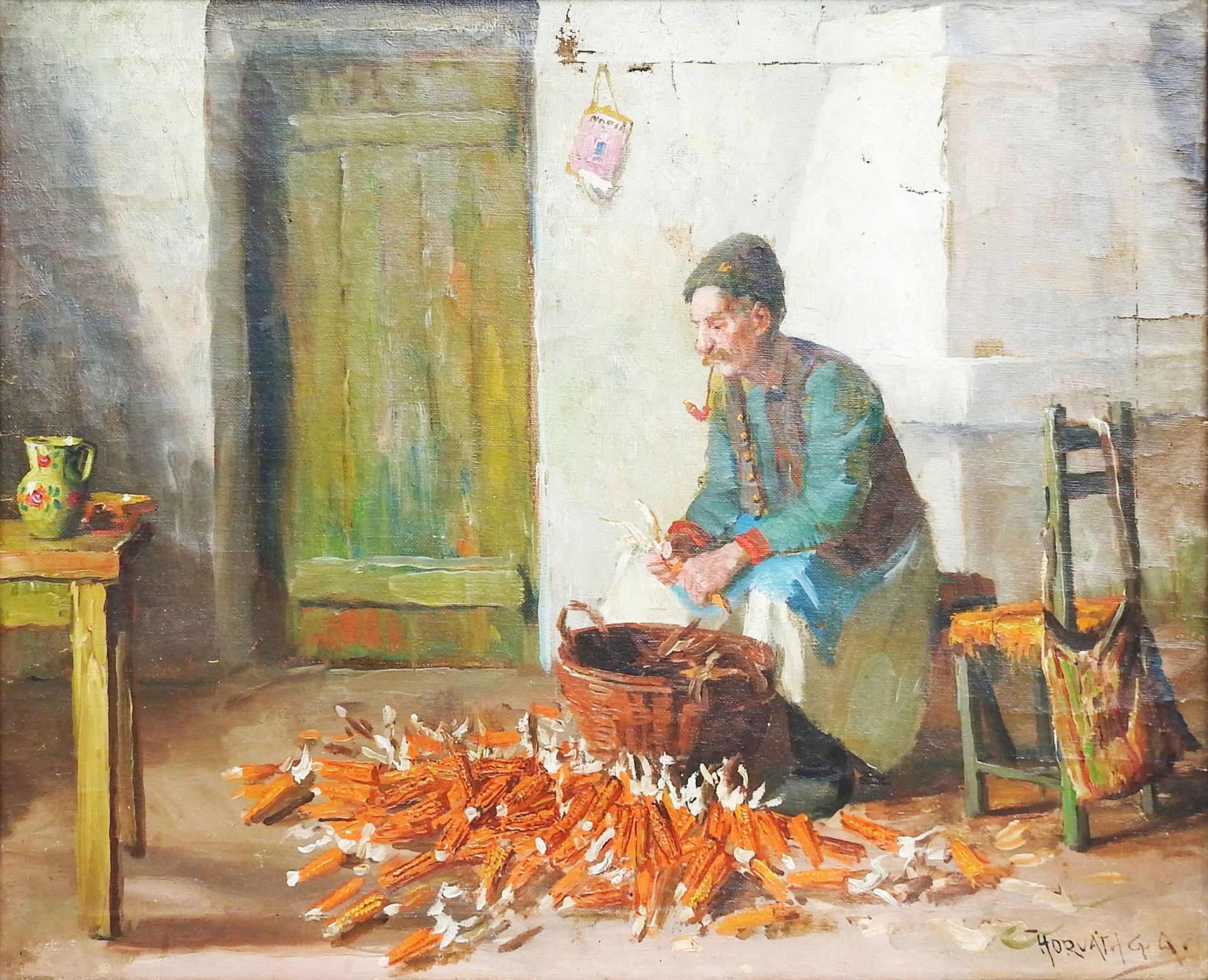 Andor G. Horvath, 1876 Budapest - 1966 ebenda 油/帆布。一个人坐在贫穷的室内，剥着玉米棒子。右下方有签名。帆布破损&hellip;