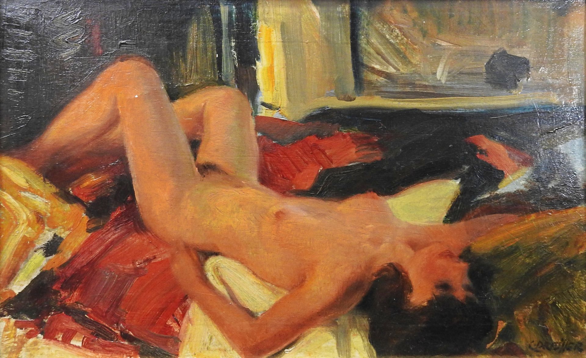 Cajetan Dreisser, 1889 München – 1975 Rohrdorf 油/帆布。女性以淫荡的姿态裸体躺在地上。暖色系涂料的应用。右下方有&hellip;