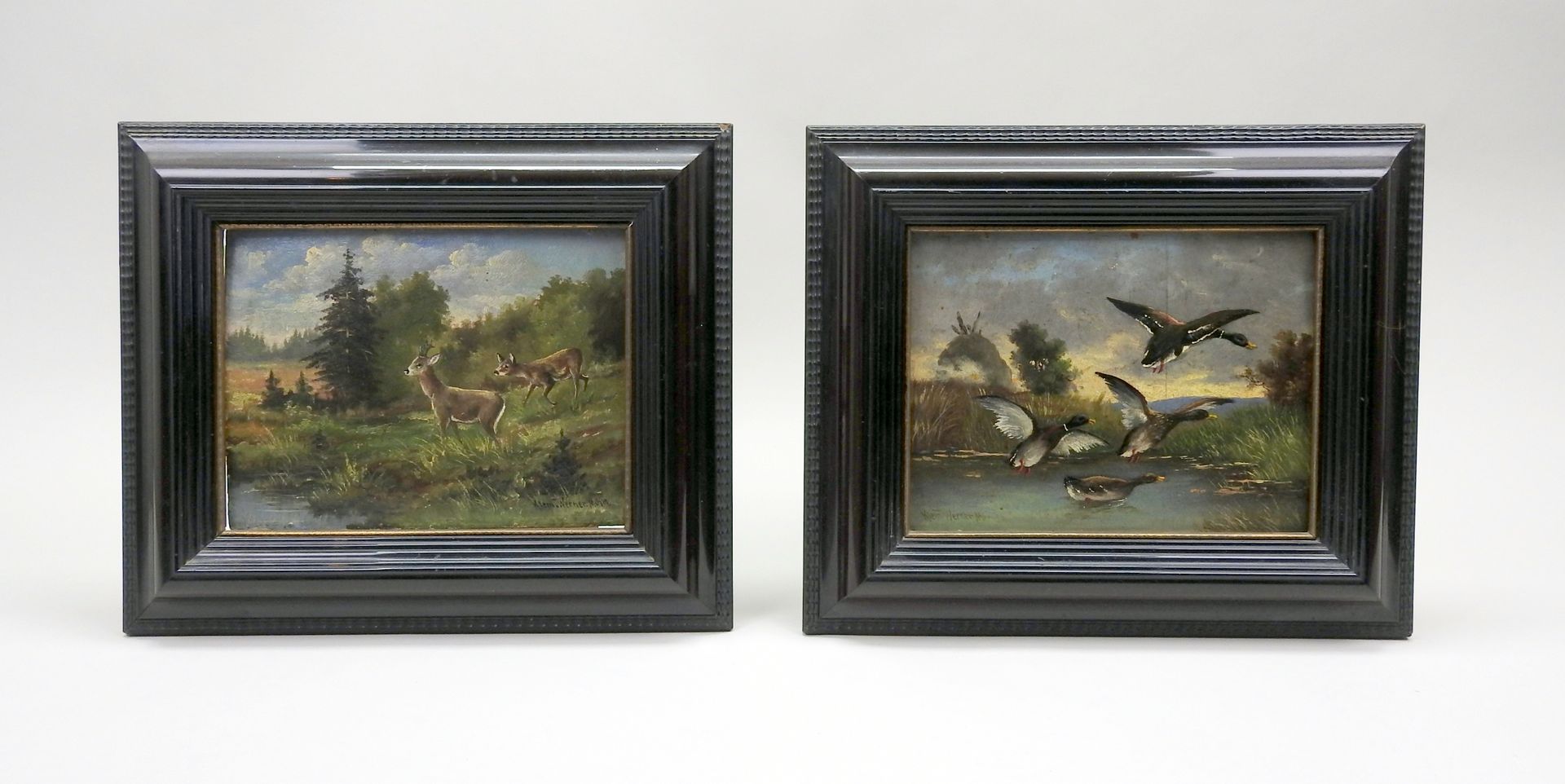 Clemens (auch Klemens) Werner, Münchner Schule 油/硬板。对应的风景画，有一对鹿在空地上，湖上有游泳的鸭子。左下和&hellip;