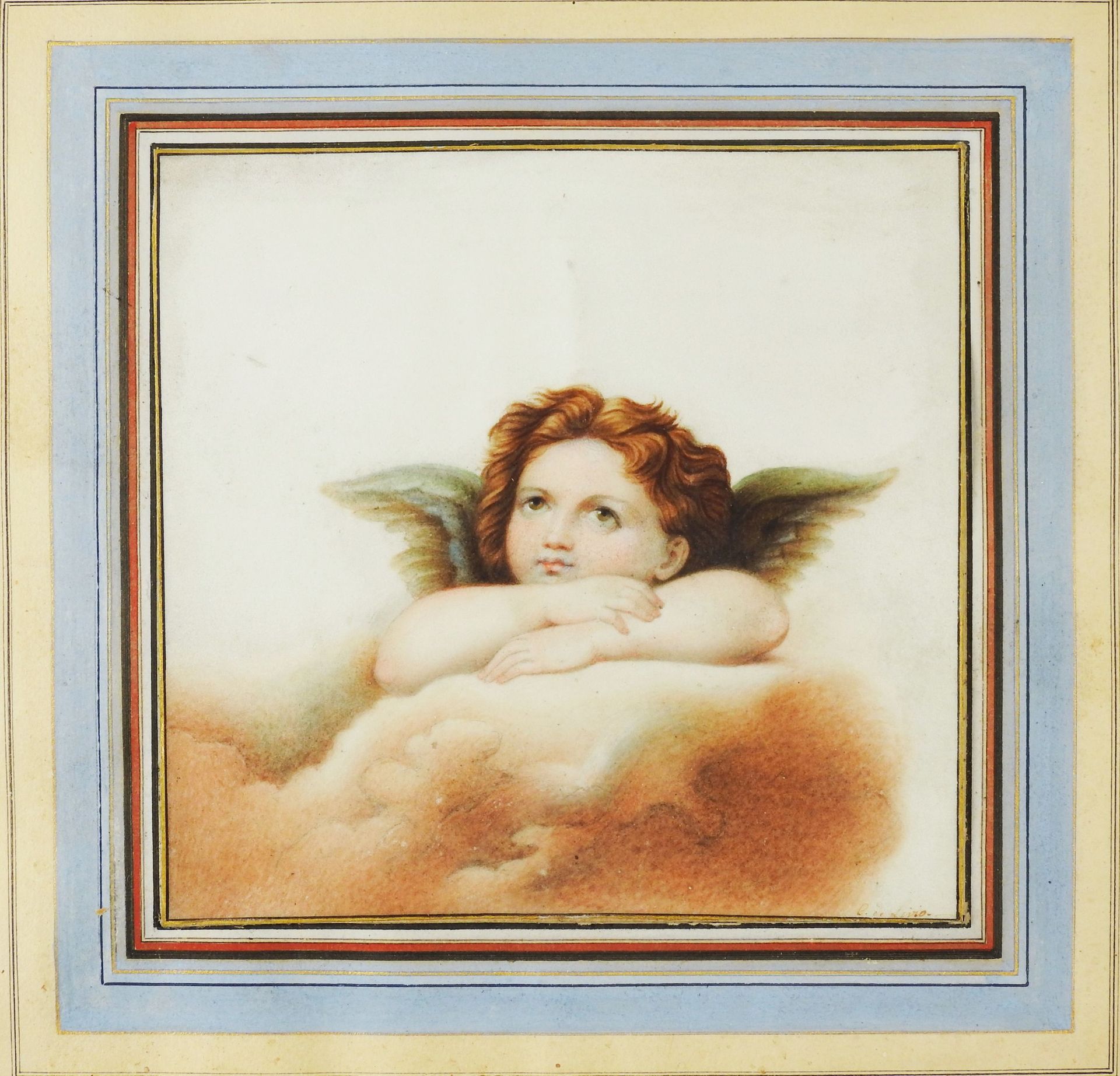 Engelsbild 水彩/铅笔/纸张。莆田人的肖像，仿照拉斐尔在《西斯廷圣母》画中的天使。右下方有 "Livio "的签名。背面刻有 "Nachlass vo&hellip;