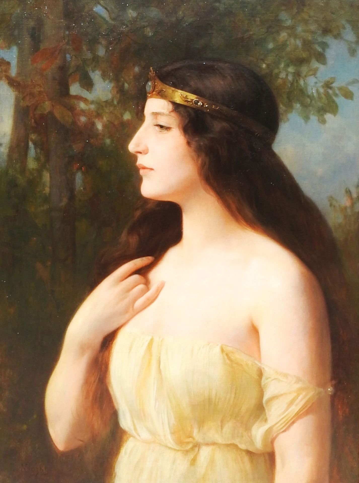 Eduard Niczky, 1850 Kassel – 1919 München 油/帆布。一个年轻女子的侧影，身穿古色古香的长袍。她的头发被一个头饰冠住，轻&hellip;