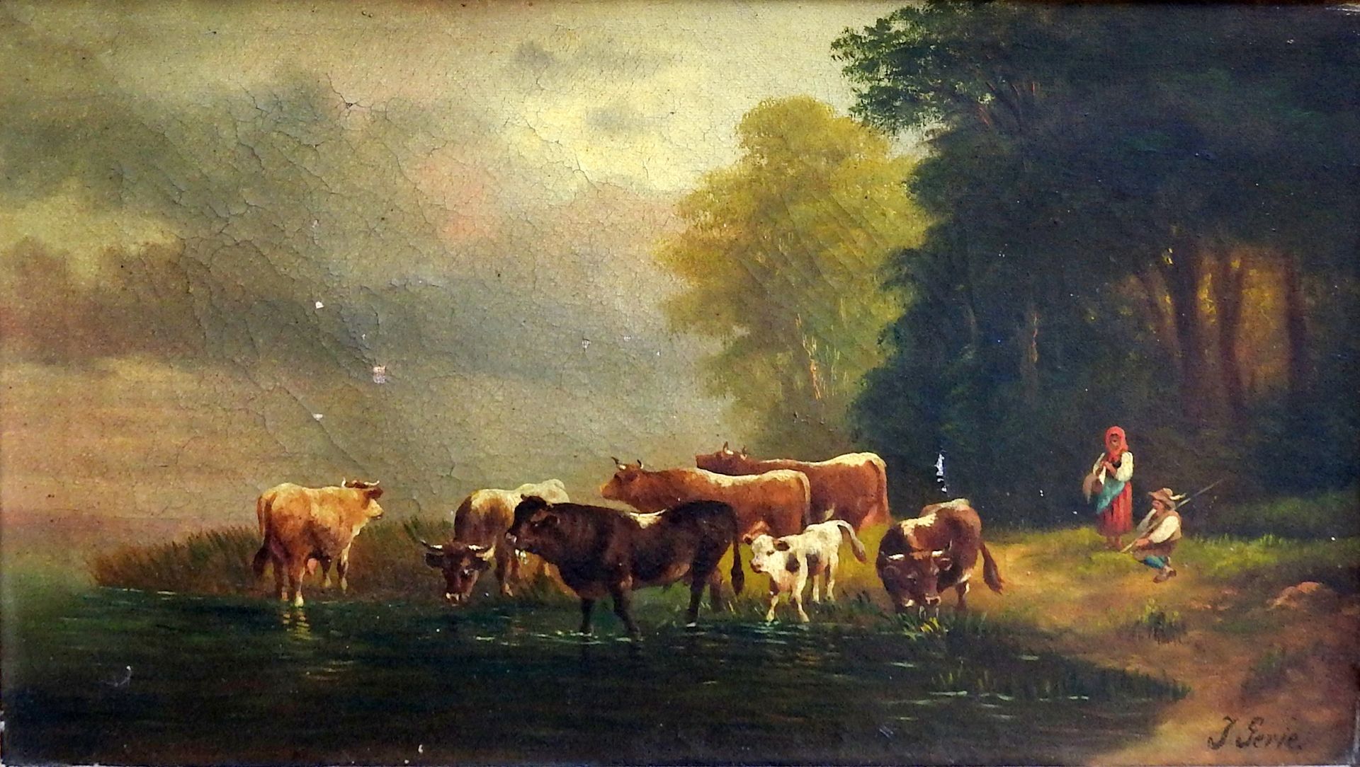 Kuhherde bei der Tränke Oil/canvas. A peasant couple leads a herd of cows to dri&hellip;