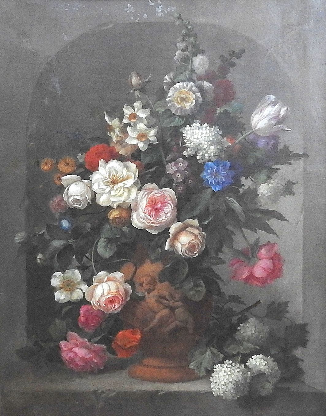 Johann Baptist Drechsler, 1756 Wien - 1811 ebenda 油/帆布。大型花卉静物在普提花瓶中。附有Phil.Dr.教授&hellip;