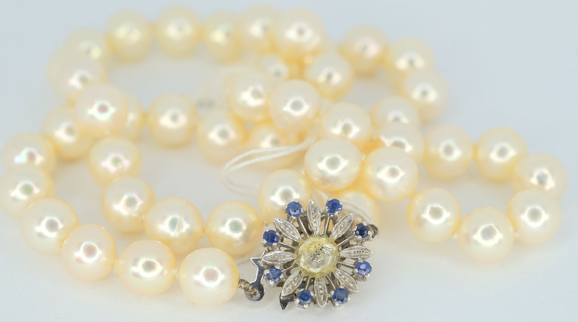Feine Perlenkette 单排珍珠项链，18K白金冲压的花形珠宝扣。这是用小的浅蓝色蓝宝石镶嵌的，中央的珍珠不见了。珍珠的光泽度良好。珍珠直径约8-9&hellip;
