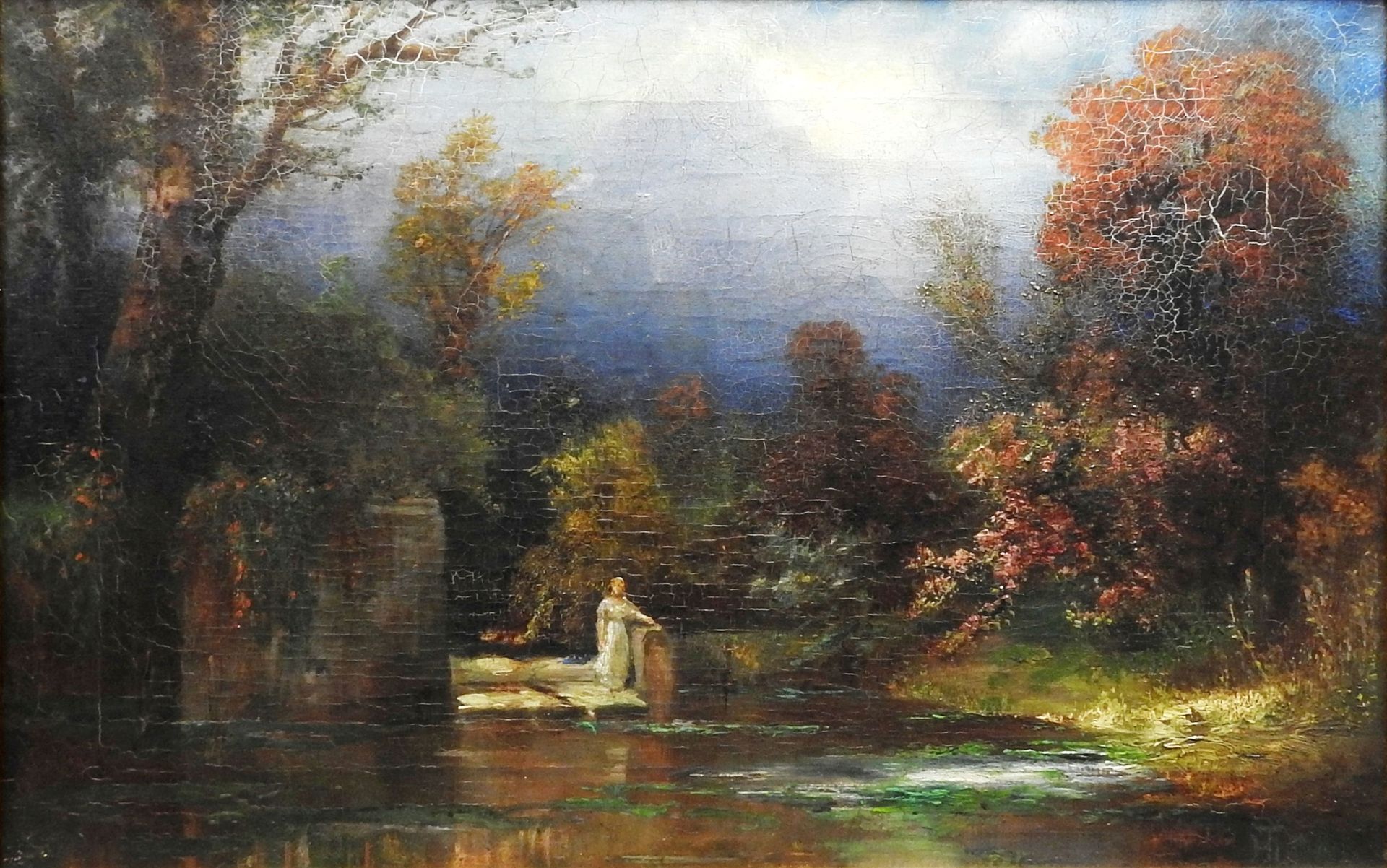 Hans Thoma, 1839 Oberlehen - 1924 Karlsruhe 油/帆布。穿着白袍的奥菲利亚，站在一个树木林立的森林池塘边。这显示了一种&hellip;