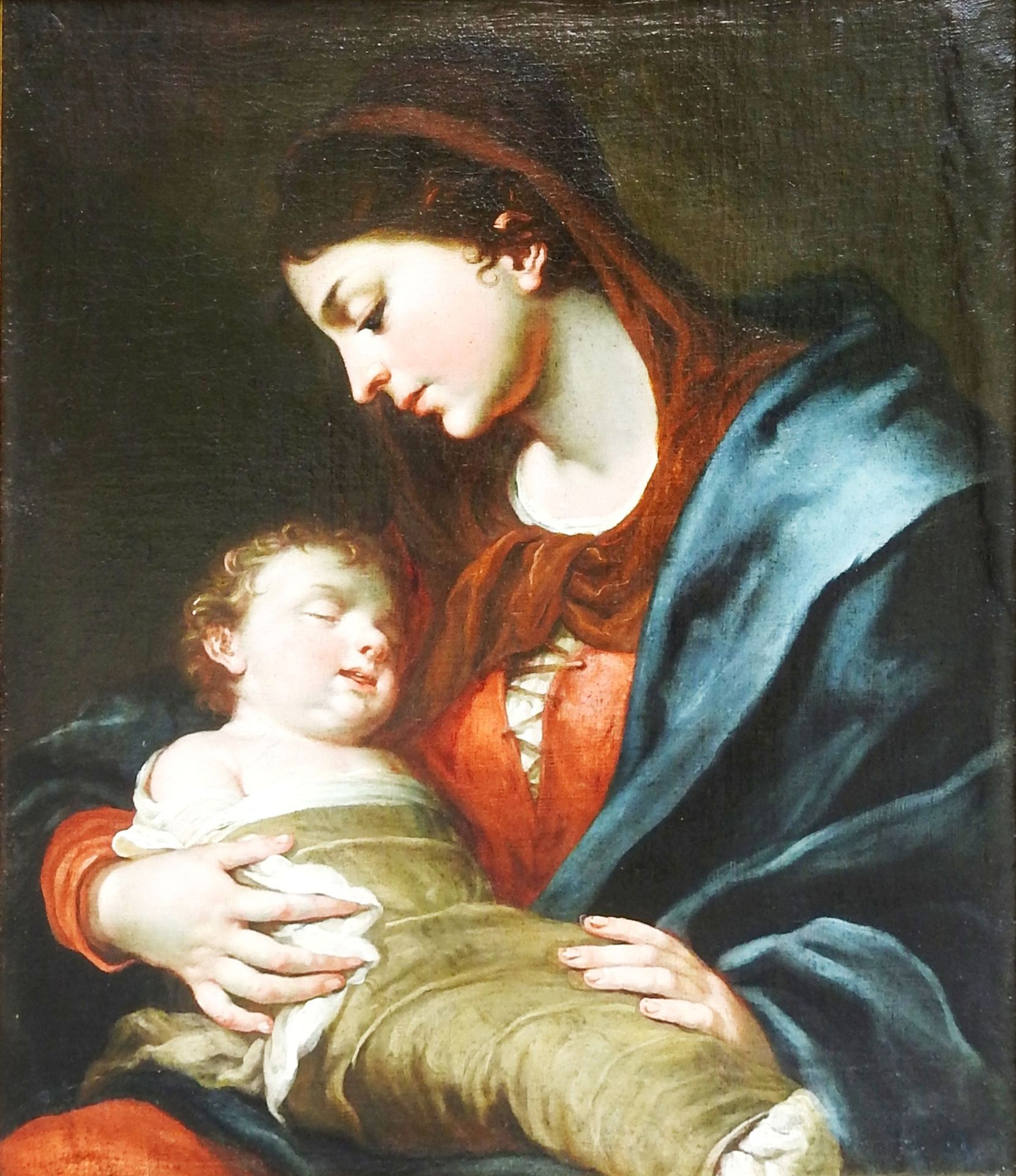 Meisterliches Gemälde der Maria mit dem Jesuskind 油/帆布。马利亚深情地凝视着熟睡的婴儿耶稣。两个人的光明化身&hellip;