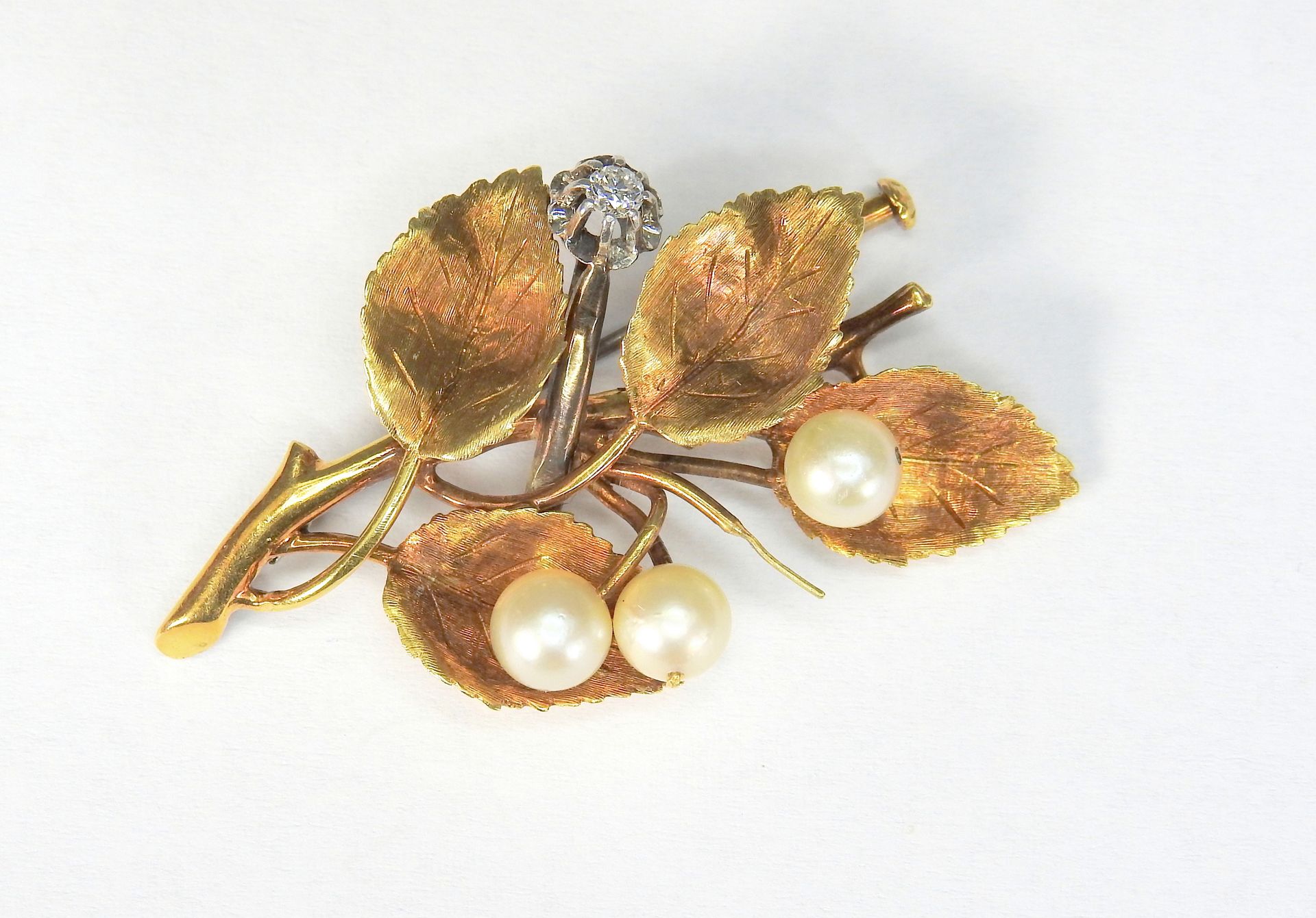 Kleine Damenbrosche 18 K yellow and white gold. Naturalistic brooch with blossom&hellip;