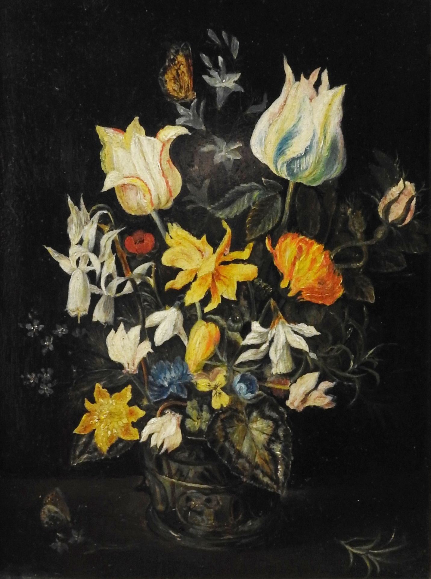 Blumenstillleben Oil/wood. Frontal view of a still life of flowers. The flowers,&hellip;