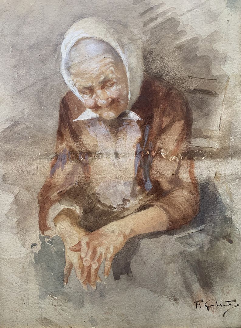 Galante Francesco (Margherita di Savoia, FG 1884 - Napoli 1972) 老年妇女的肖像
纸板上的水彩画
&hellip;