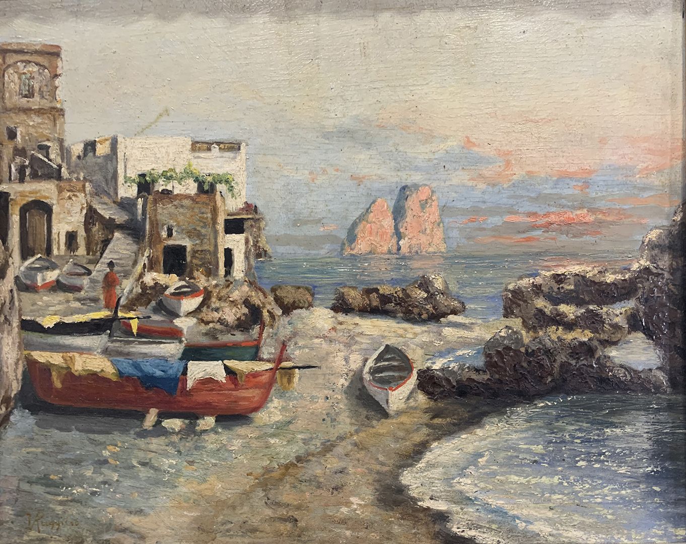 Ruggiero Amedeo (Tunisi 1912 - Roma 1986) Marina
板面油画
签名：左下角
尺寸：cm 24 x 29
备注：背面&hellip;