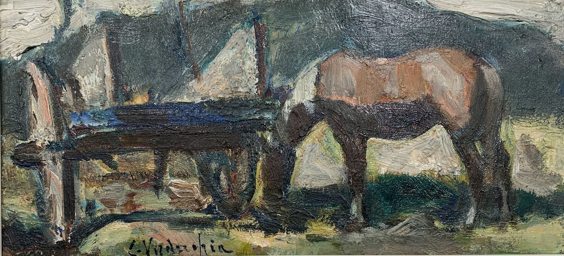 Verdecchia Carlo (Atri, TE 1905 - Napoli 1984) 马和马车
板面油画
签名：左下方
尺寸：cm 15 x 21,5