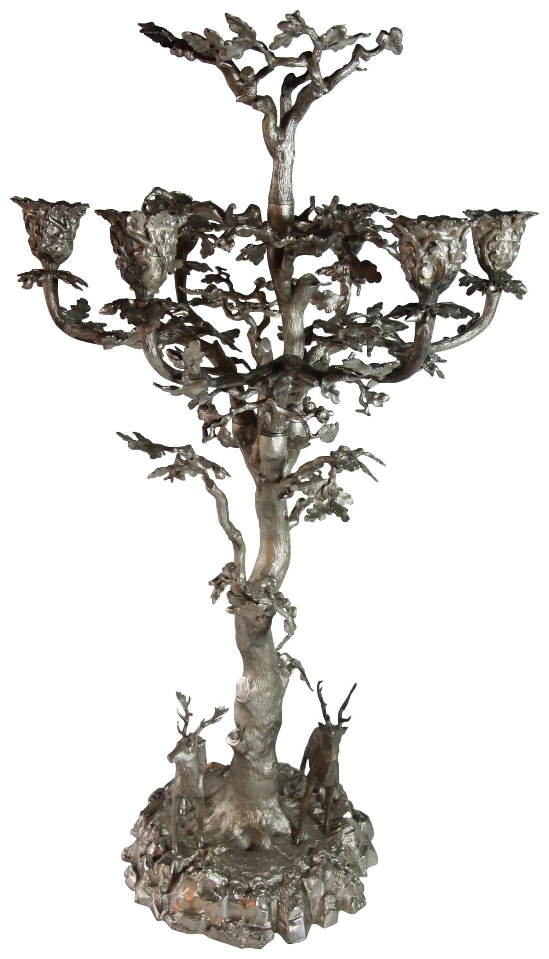 Null A massive six light silver candelabrum in the form of an oak tree with vase&hellip;