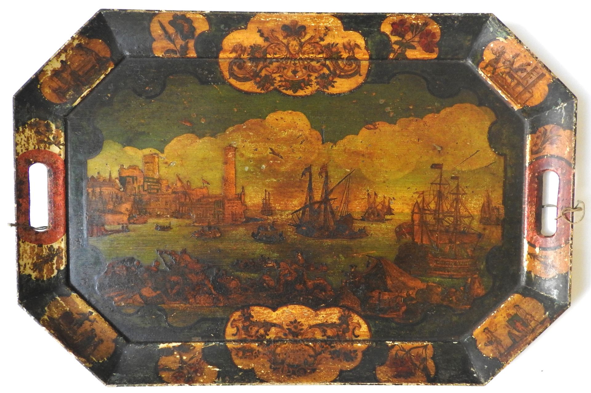 Null A 19TH CENTURY POLYCHROME PAPIER MACHE TRAY, octagonal form, decorated with&hellip;