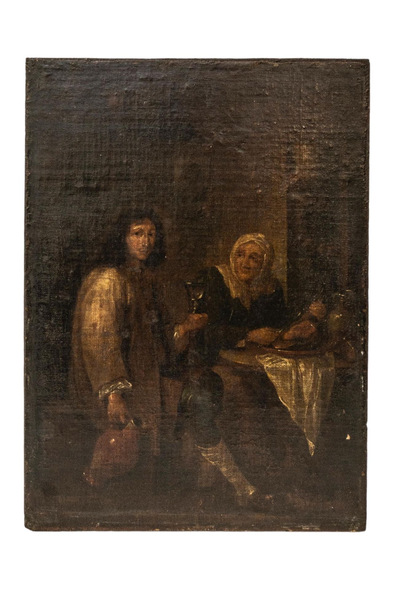 Null 一幅描绘餐厅场景的油画，大概是 18 世纪的作品，画布裱在木板上，描绘了一位手持朗姆酒和酒壶的绅士，旁边坐着一位正在切肉的女士，未署名 37 x 27&hellip;