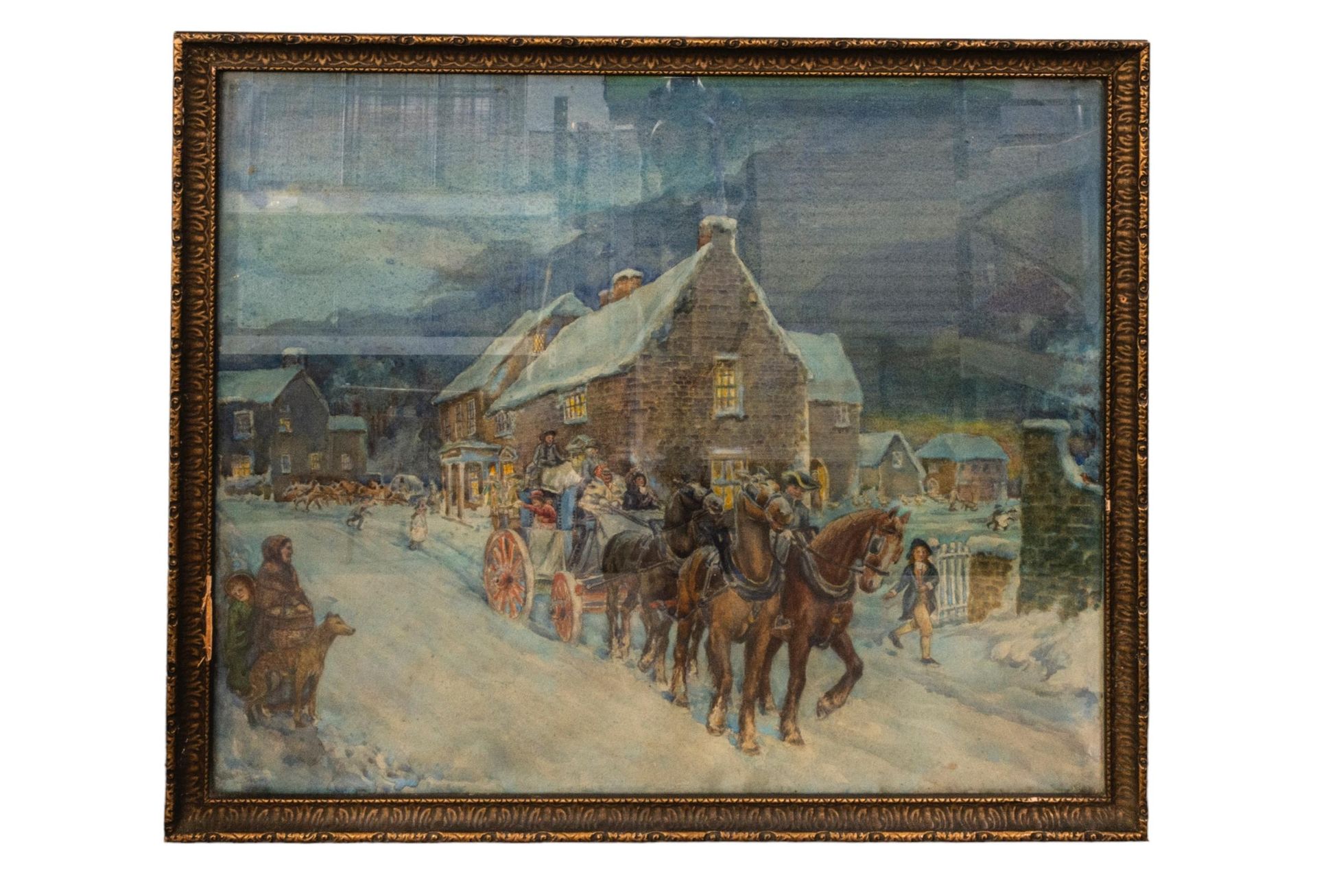 Null 一幅大型冬季马车场景水彩画/粉刷画，描绘了一辆马车在雪中穿过村庄的场景，看不出署名和日期为 1936 年，上釉并装裱 50 x 59 厘米