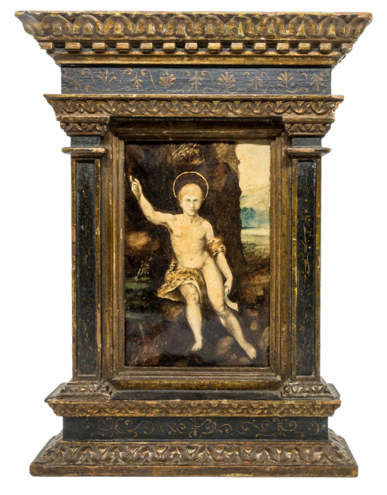 Null 拉斐尔之后，"圣约翰，作为一个男孩"，纸上水彩，19 世纪，镶嵌在优雅的佛罗伦萨手绘画框中 15 x 10 厘米
