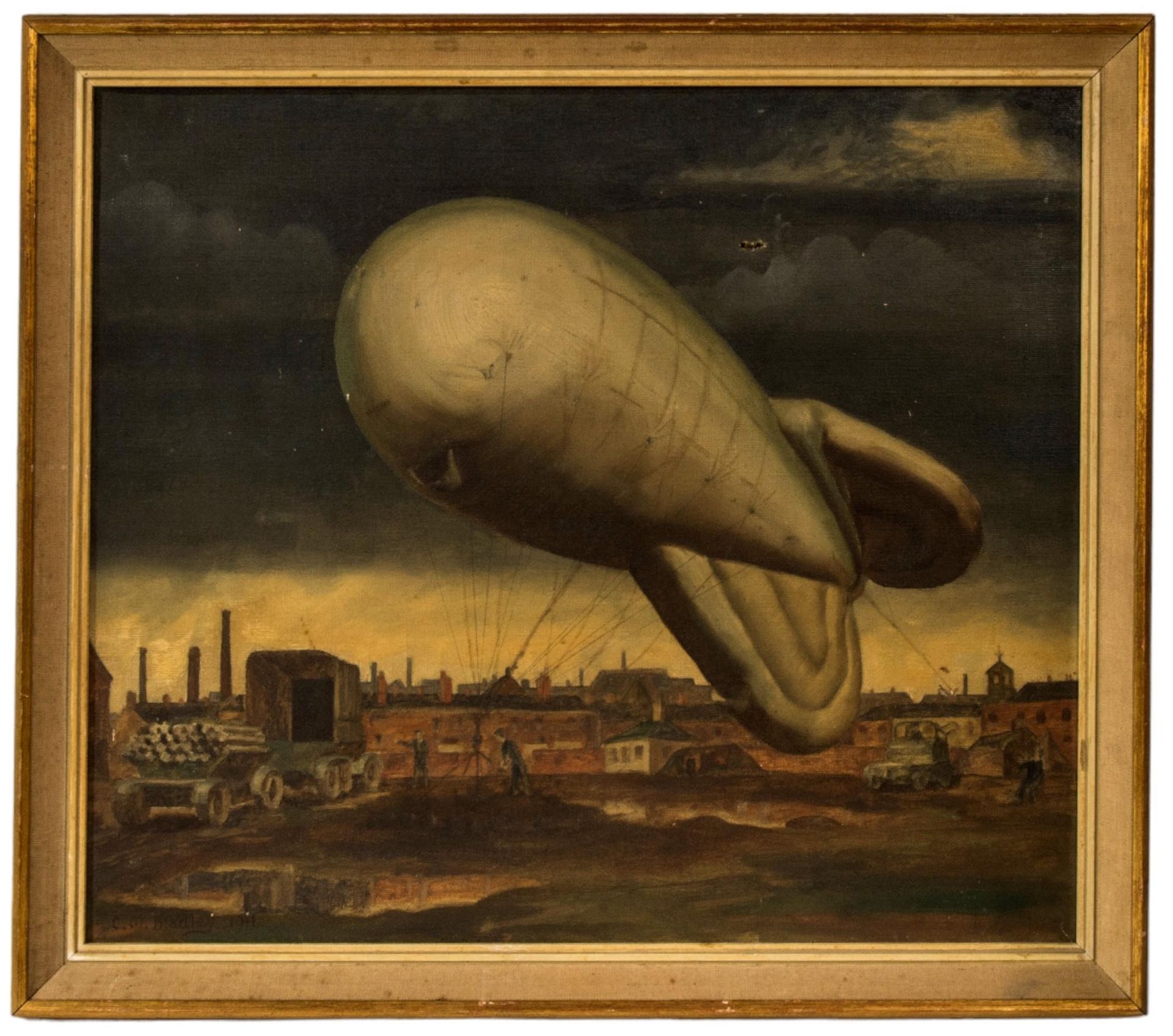 Null 一幅 20 世纪中期的油画，描绘了在工业环境中准备拦截气球的人物，左下角有 C.M Bradley 1941 年的签名和日期（A.F） 44 x 52&hellip;