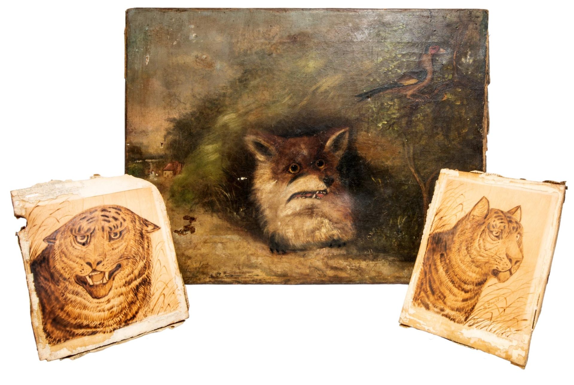 Null 一对天真的扑克牌面板，都描绘了一只长草中的老虎，已签名并刻有 "Edward Guest，扑克牌艺术家 "字样，还有一幅天真的油画，画的是一只狐狸和一&hellip;