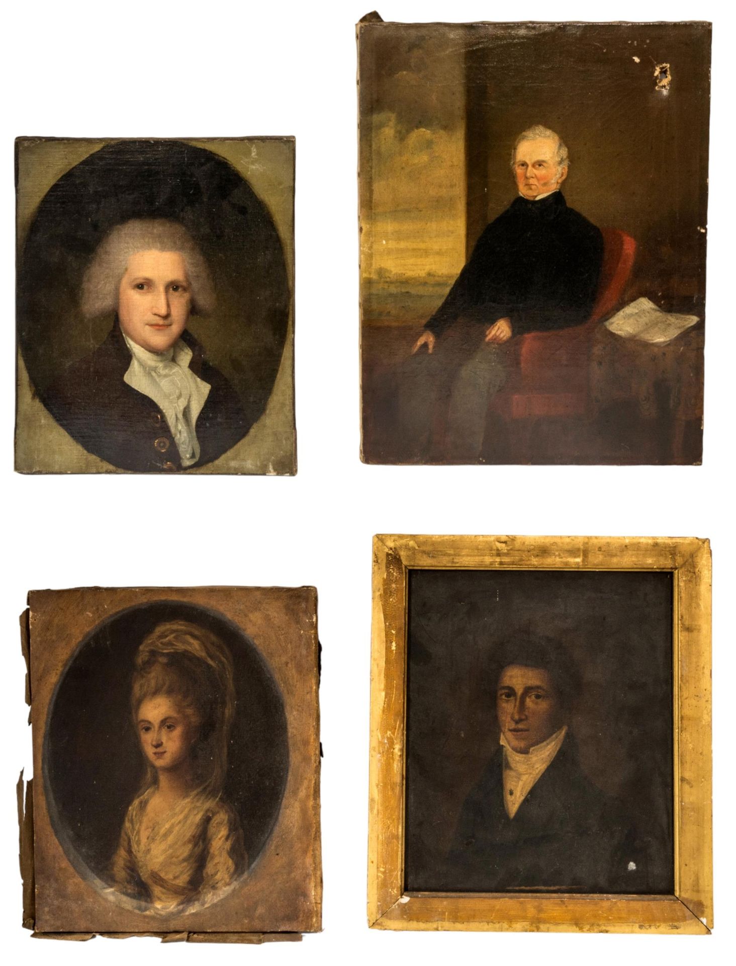Null 一组四幅 18/19 世纪油画肖像，其中一幅是一位身着连衣裙和领巾的绅士的精美肖像，另外三幅均未装裱，有些状况不佳。